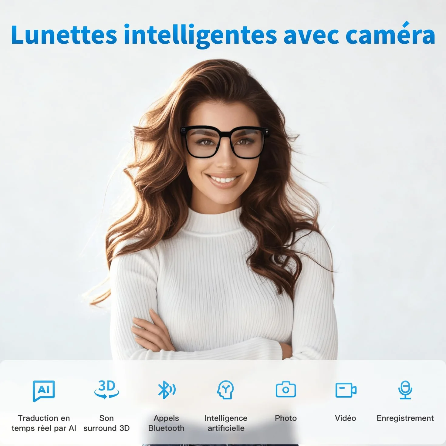 Lunettes intelligentes AI 32 Go avec caméra HD 4K, Lunettes avec caméra Anti-tremblement 8 MP, Prise en Charge de l'enregistrement vidéo, Traduction en Temps réel, Verres photochromiques