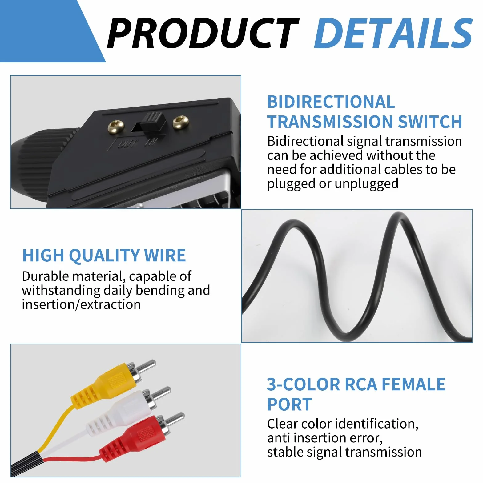 Câble Péritel vers 3RCA Mâles de 1,5m, Câble Adaptateur Péritel Audio Vidéo Convertisseur pour TV, DVD, Magnétoscope, Système Home Cinéma, Transmission unidirectionnelle