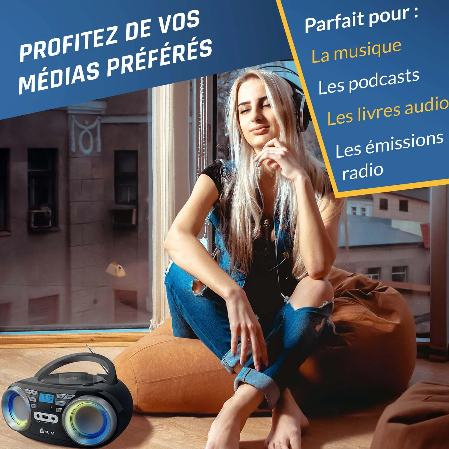 KLIM Boombox B3 - Poste Radio CD Portable - Nouveauté - Radio FM, CD, Bluetooth, USB, MP3 - CD Boombox - Mode Filaire et sans Fil avec Piles Rechargeables - Lentille Laser - Lecteur CD Portable