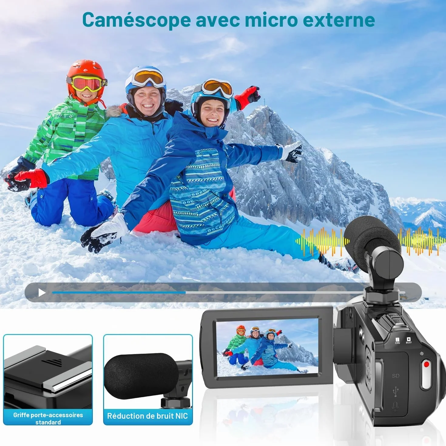 4K Caméra Vidéo Ultra HD 1080P pour Youtube, Zoom Numérique 18X, Écran IPS 3 Pouces Rotatif à 270°, Microphone Intégré