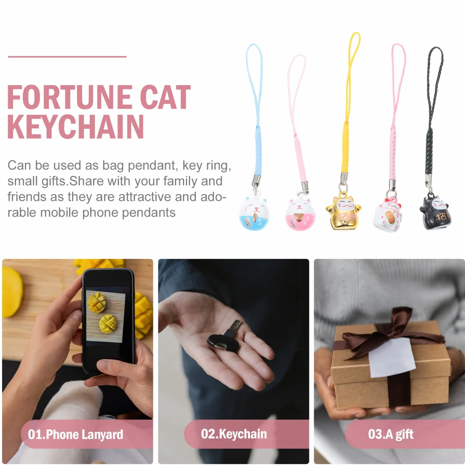 TOYANDONA Maneki Neko Lot de 5 breloques pour téléphone portable en forme de chat porte-bonheur en cuivre
