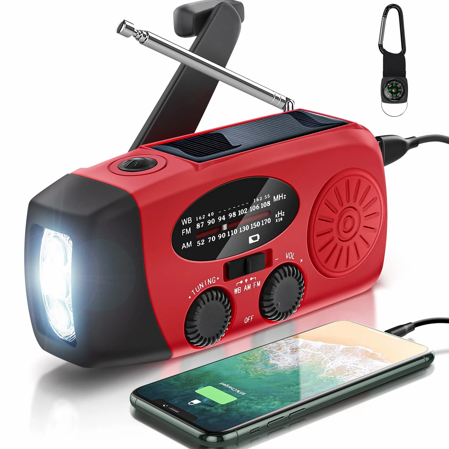 Radio Solaire Portable d'Urgence Météo 2000mAh Manivelle AM/FM/NOAA Dynamo IPX3 Charge Téléphone Lampe LED Alarme SOS Câble USB Randonnée Camping Rouge