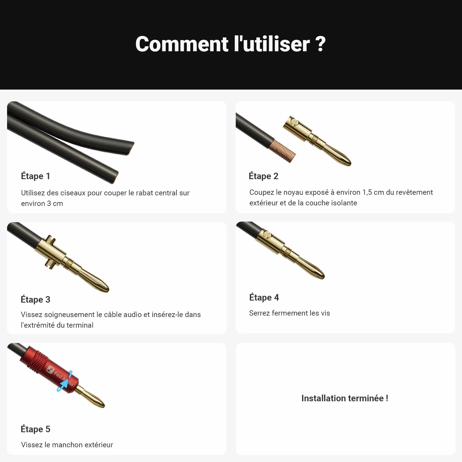 Fosi Audio Fiches Bananes pour Câbles d'enceintes, 2 Paires Plaquées or