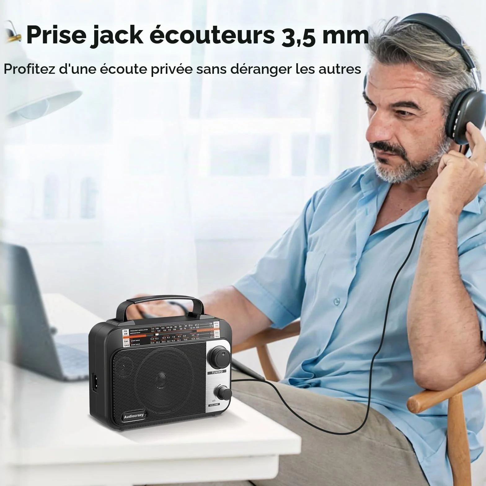 Radio Portable FM/AM/SW1-2 Radio Multibande avec Batterie Rechargeable 1800 mAh, Câble AC Ou Radio FM Portable avec Piles, Haut-parleurs, Prise Casque, Entrée AUX Noir