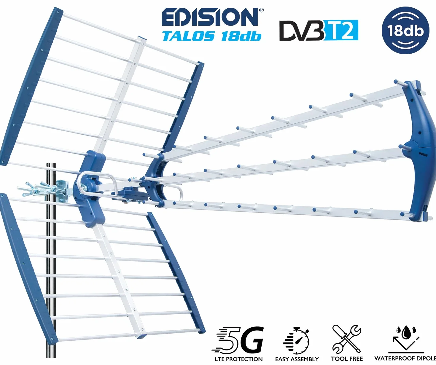 EDISION TALOS Antenne Trinappe extérieure UHF 21-48 18db Filtre 5G LTE intégré TNT DVB-T/T2 470-694Mhz 105cm