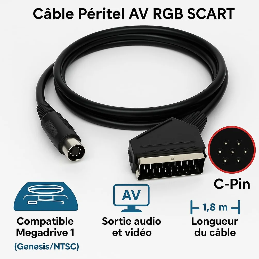 Câble Péritel AV RGB SCART pour Sega Megadrive 1 version C-Pin – Compatible Genesis JAP/US – Haute Qualité Audio/Vidéo – 1,8 m