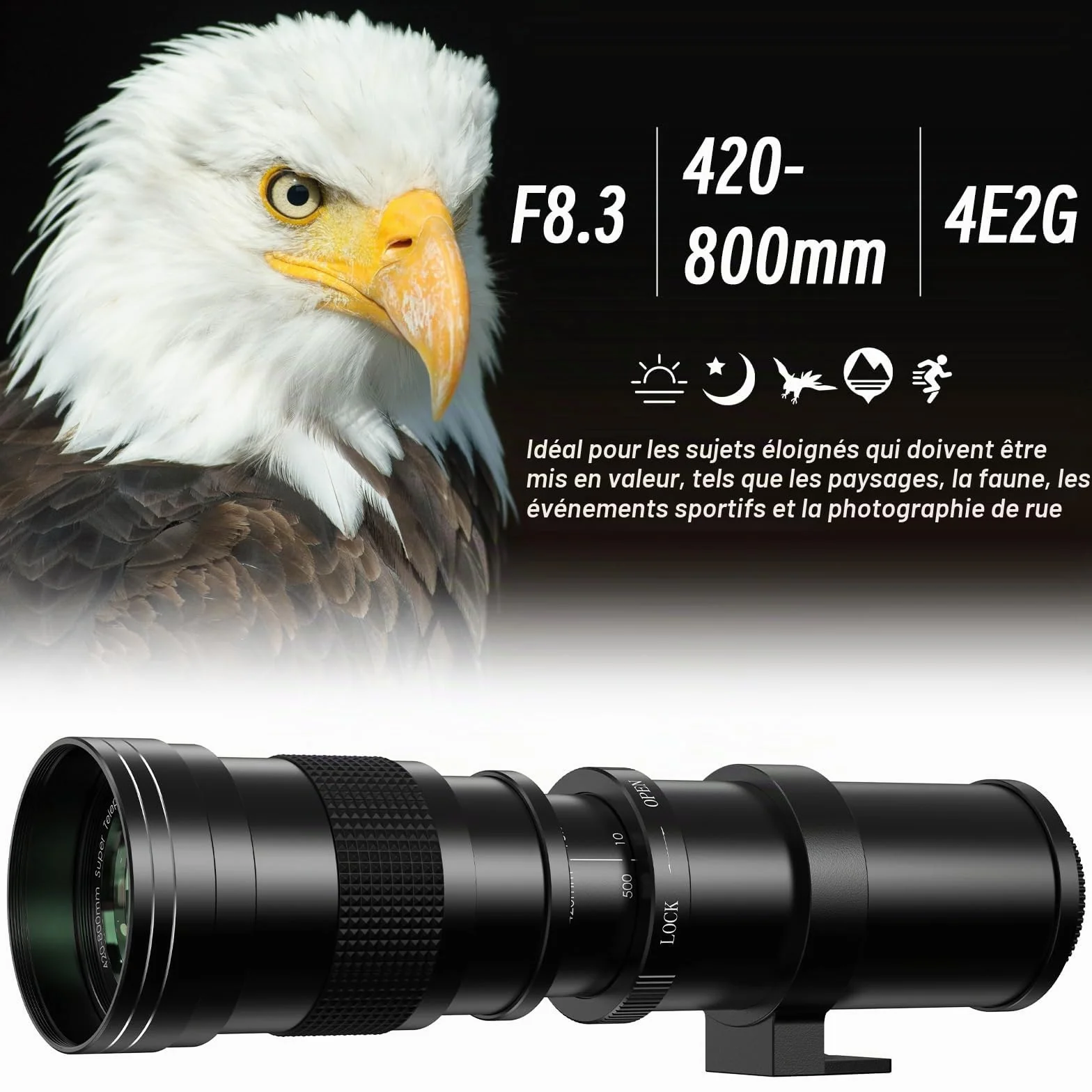 Lightdow 420-800mm f/8.3-16 Téléobjectif pour Canon EF/EF-S Manuel avec Anneau en T