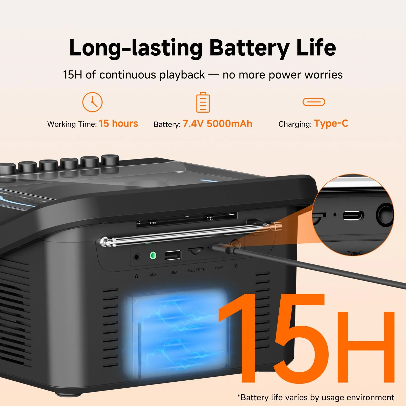 Retekess TR642 Lecteur CD Portable Radio AM FM Cassette Batterie 5000 mAh Boombox Stéréo
