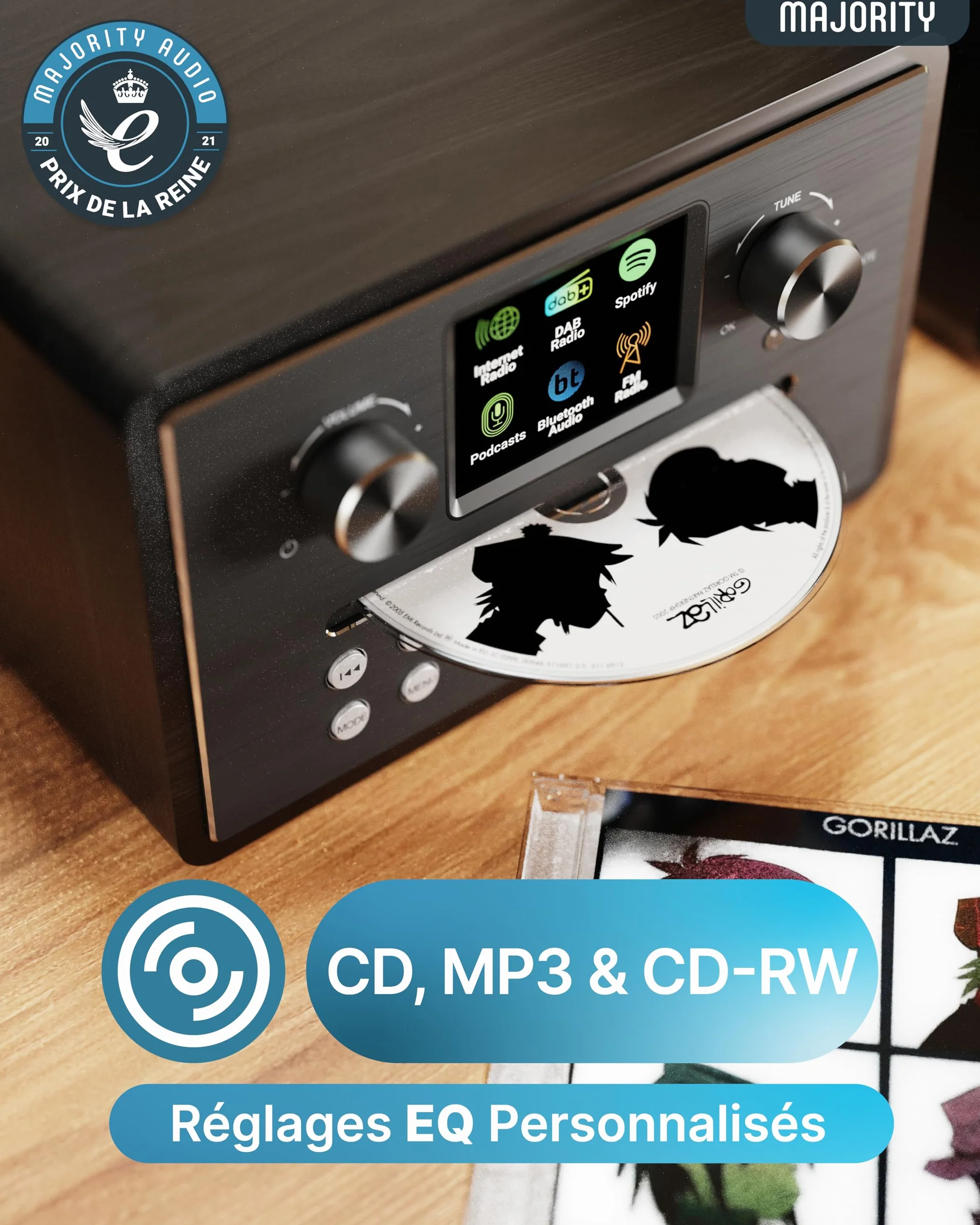 MAJORITY Homerton HiFi Bluetooth 5.3 Chaine HiFi Radio Internet | Radio Dab+ et FM | Lecteur CD Spotify Connect et Podcasts | Système Stéréo avec 60W Enceintes | Télécommande & l'application OKTIV