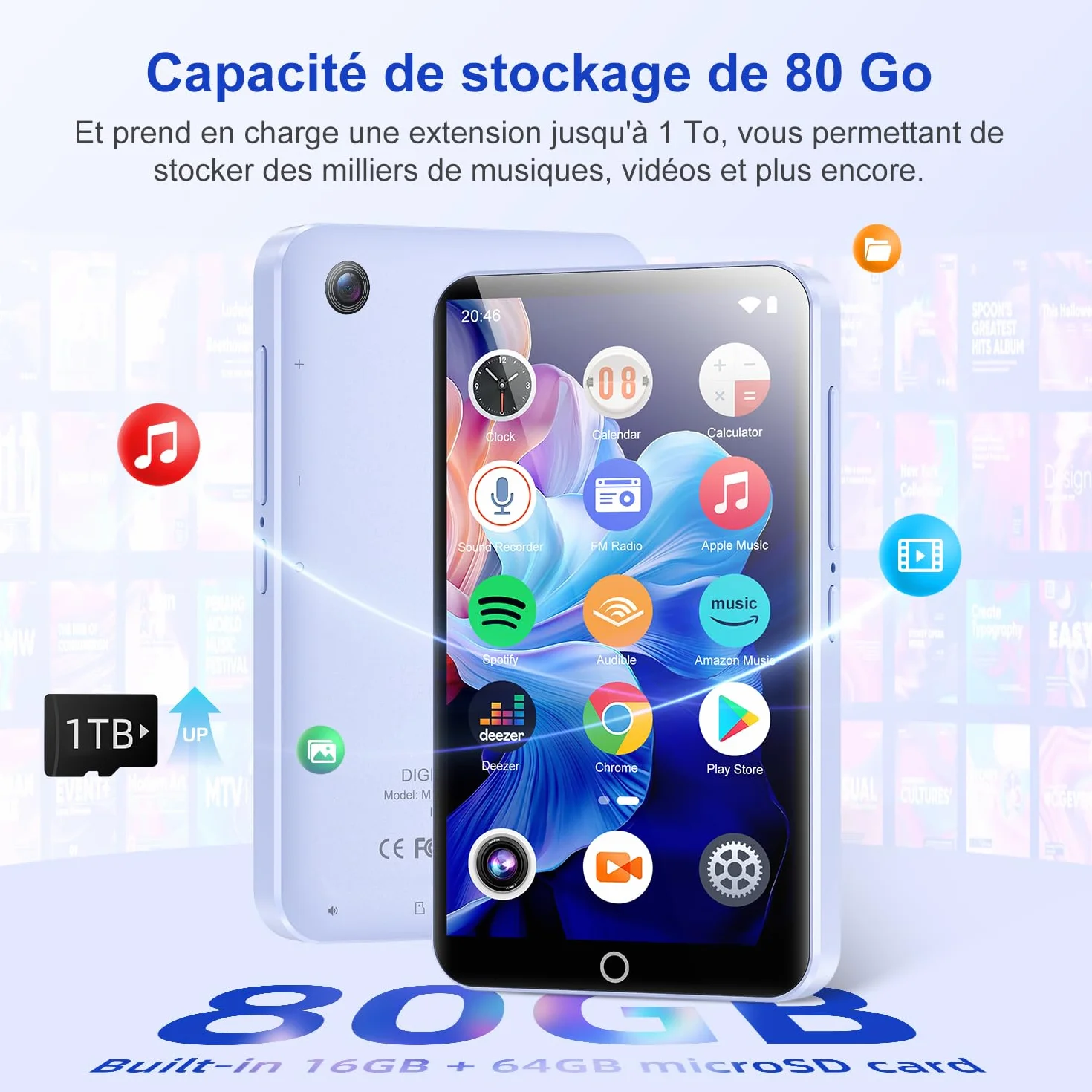 Joliker Lecteur MP3 80Go WiFi Bluetooth 4.02 Pouces Touchscreen MP4 avec Haut-parleurs Caméra 13MP Android Spotify Deezer
