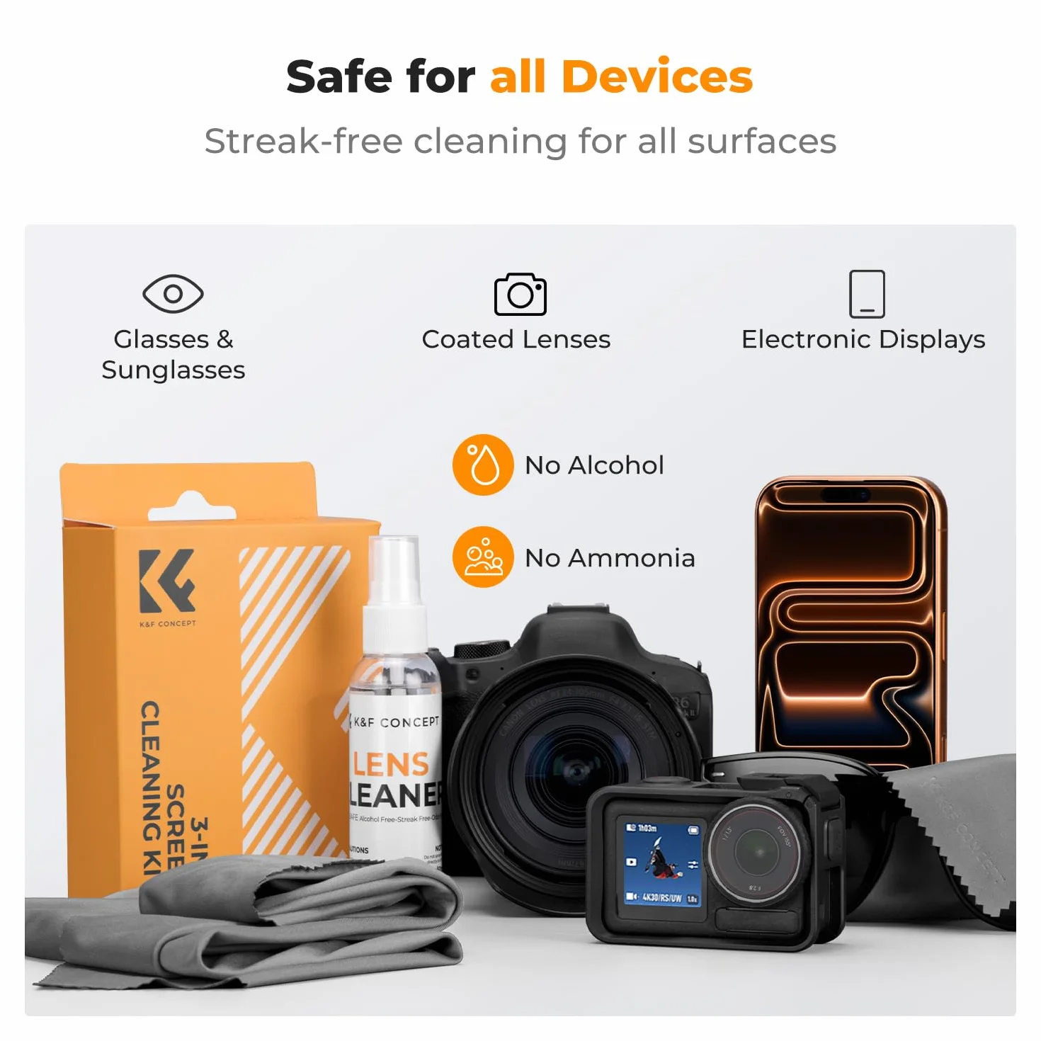 K&F CONCEPT Kit de Nettoyant pour Lunettes de Vue, Objectif Photo, Écran, Caméra, TV, Smartphones, Nettoyage en Douceur sans Alcool - Chiffon Microfibre 15x15cm + 40x40cm + Spray Nettoyants 60 ML