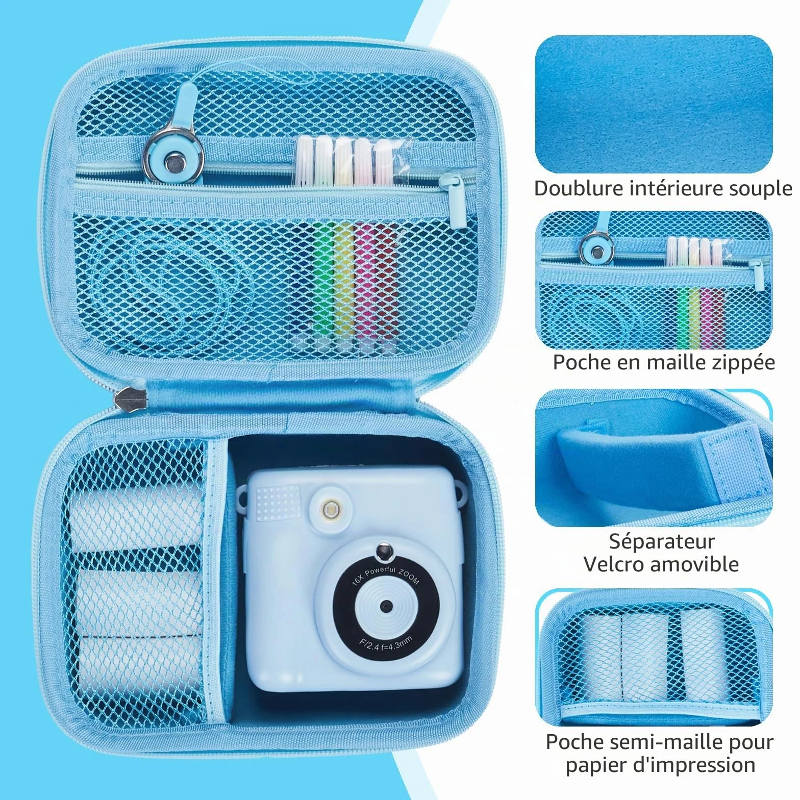 Etui Appareil Photo Résistant aux Chocs avec Dragonne pour Enfant - Bleu