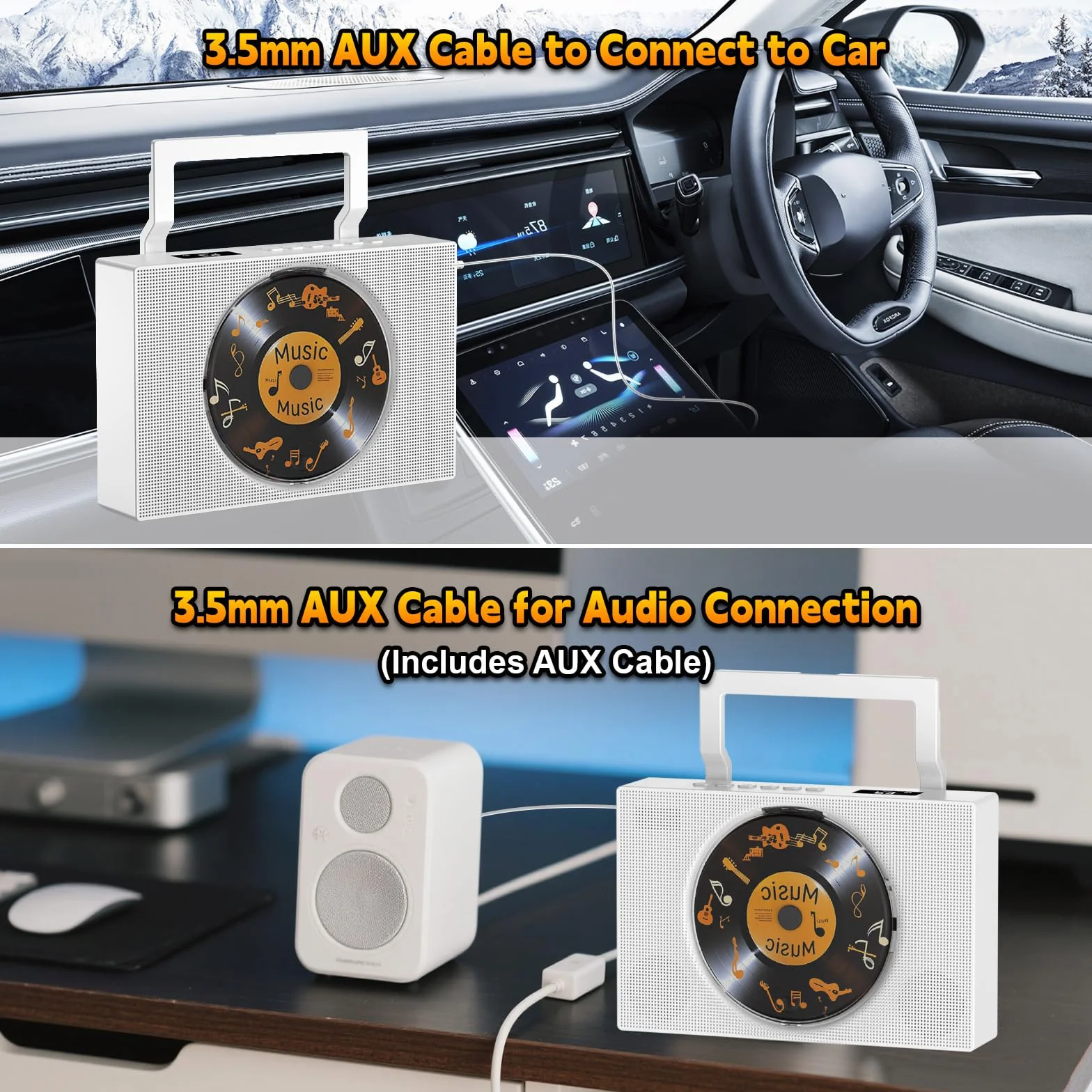 Lecteur CD Bluetooth Radio FM avec Poignée Haut-parleurs Télécommande AUX 3,5 mm Prise Casque USB Type-C Lecteur MP3