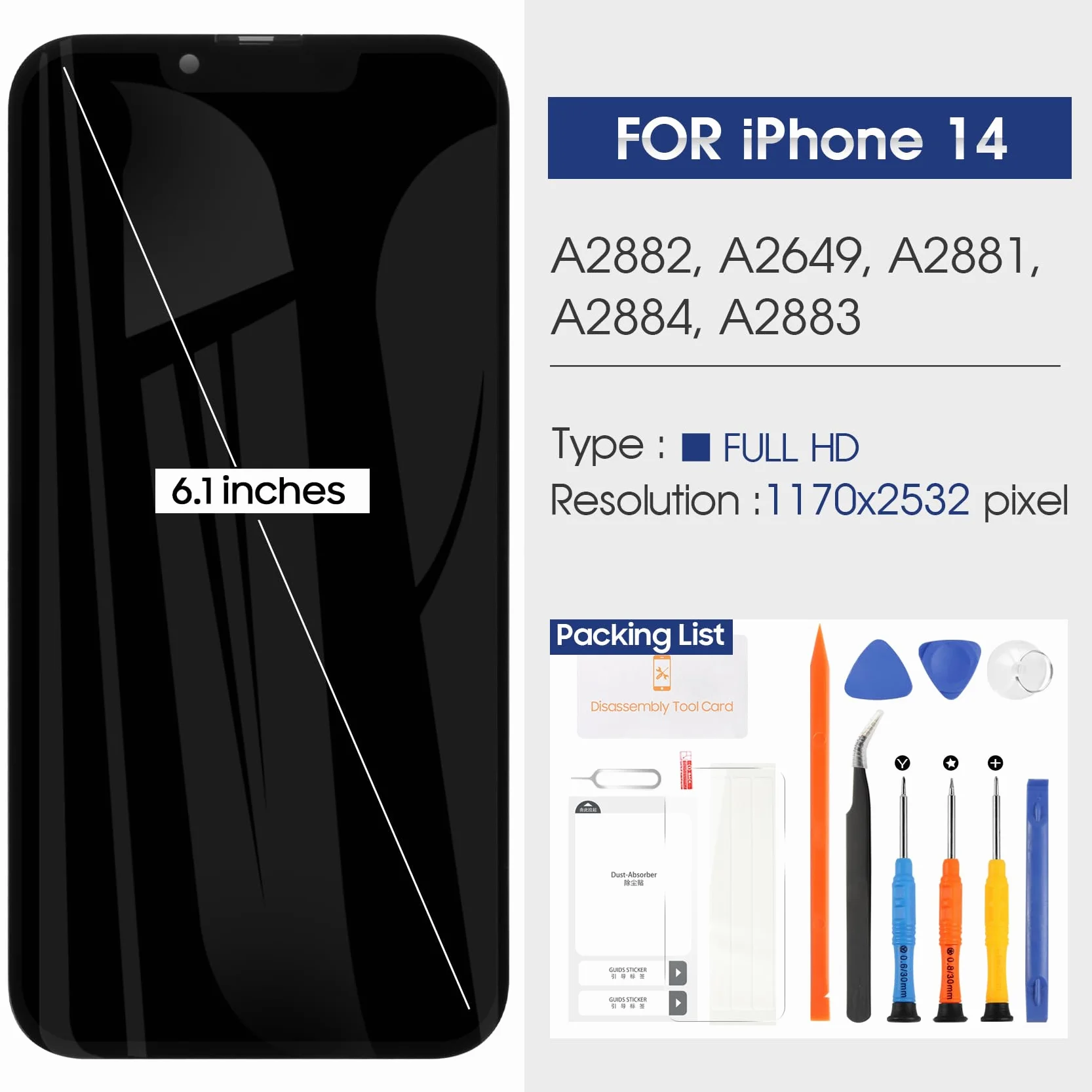 Reparo pour iPhone 14 Écran LCD pour iPhone 14 LCD Display pour iPhone14 6.1" Écran Remplacement A2882 A2649 A2881 A2884 A2883 Écran Tactile Numériseur Assemblée avec Réparation Kits