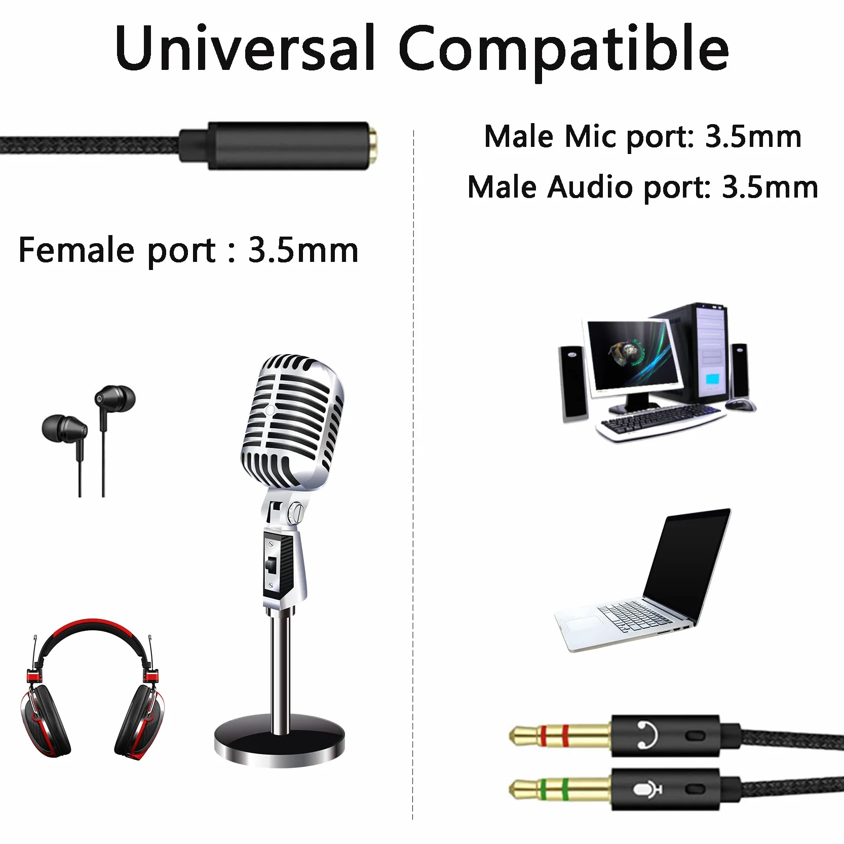 Adaptateur Jack Audio Stéréo 3,5mm, Adaptateur Splitter Y Micro Casque, 3.5mm Femelle à 2 Dual 3.5mm Mâle pour PC PS4 Xbox One Ordinateur, écouteur-22cm