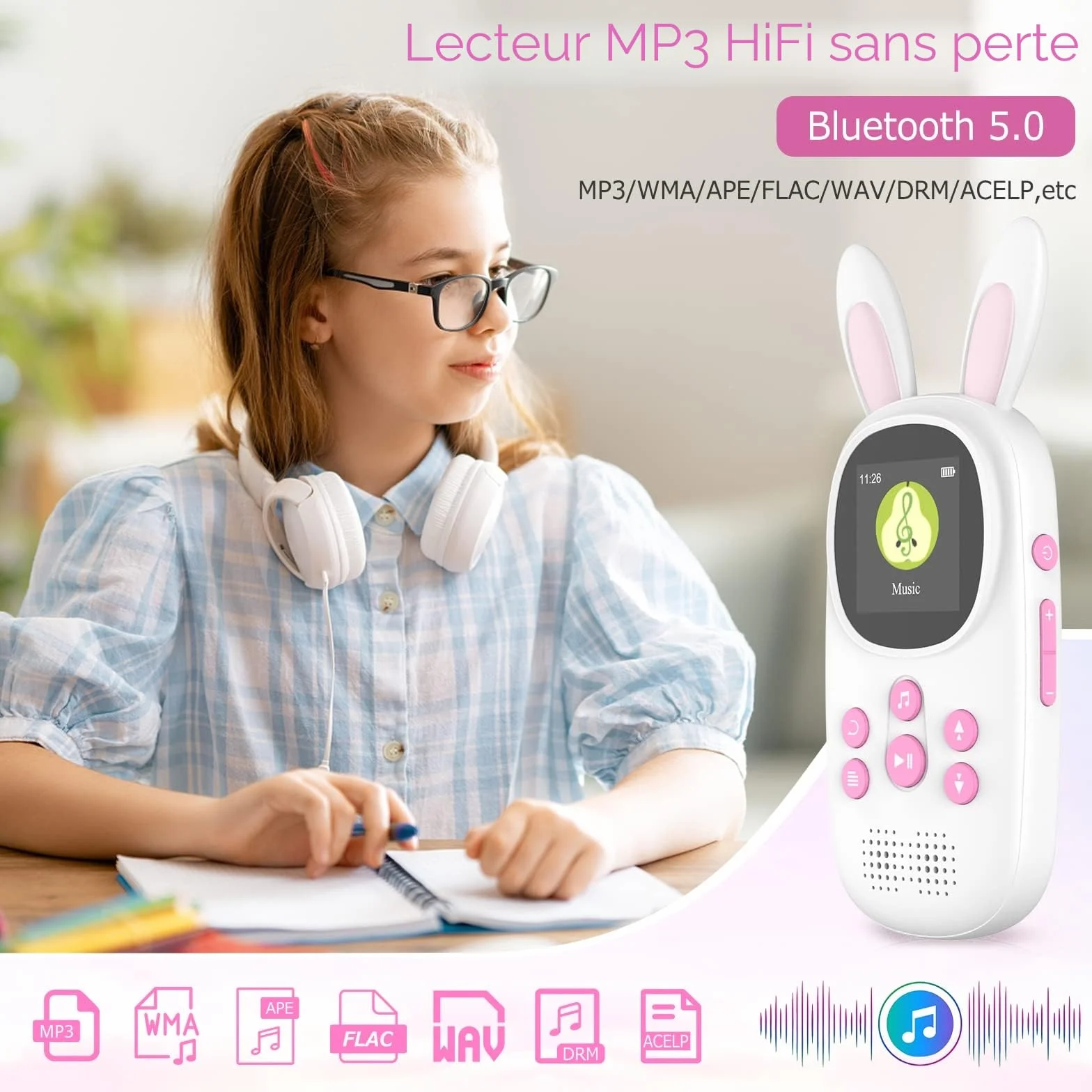 Lecteur MP3 Enfants 32 Go Bluetooth Haut-Parleur Radio FM Enregistrements Alarme Chronomètre