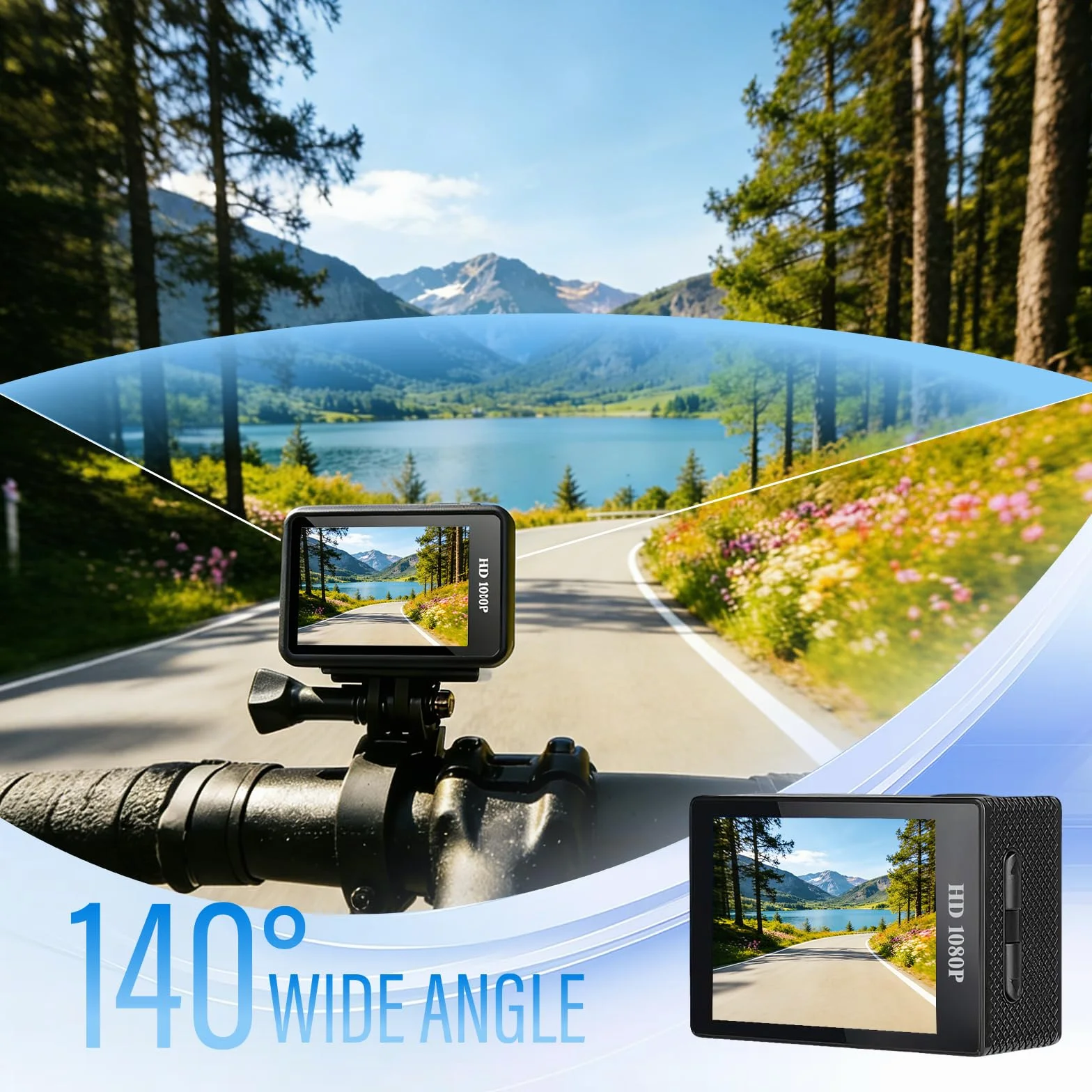 Caméra Sport 1080P 12MP 2" Écran LCD Étanche 30M avec Batteries et Accessoires Vélo