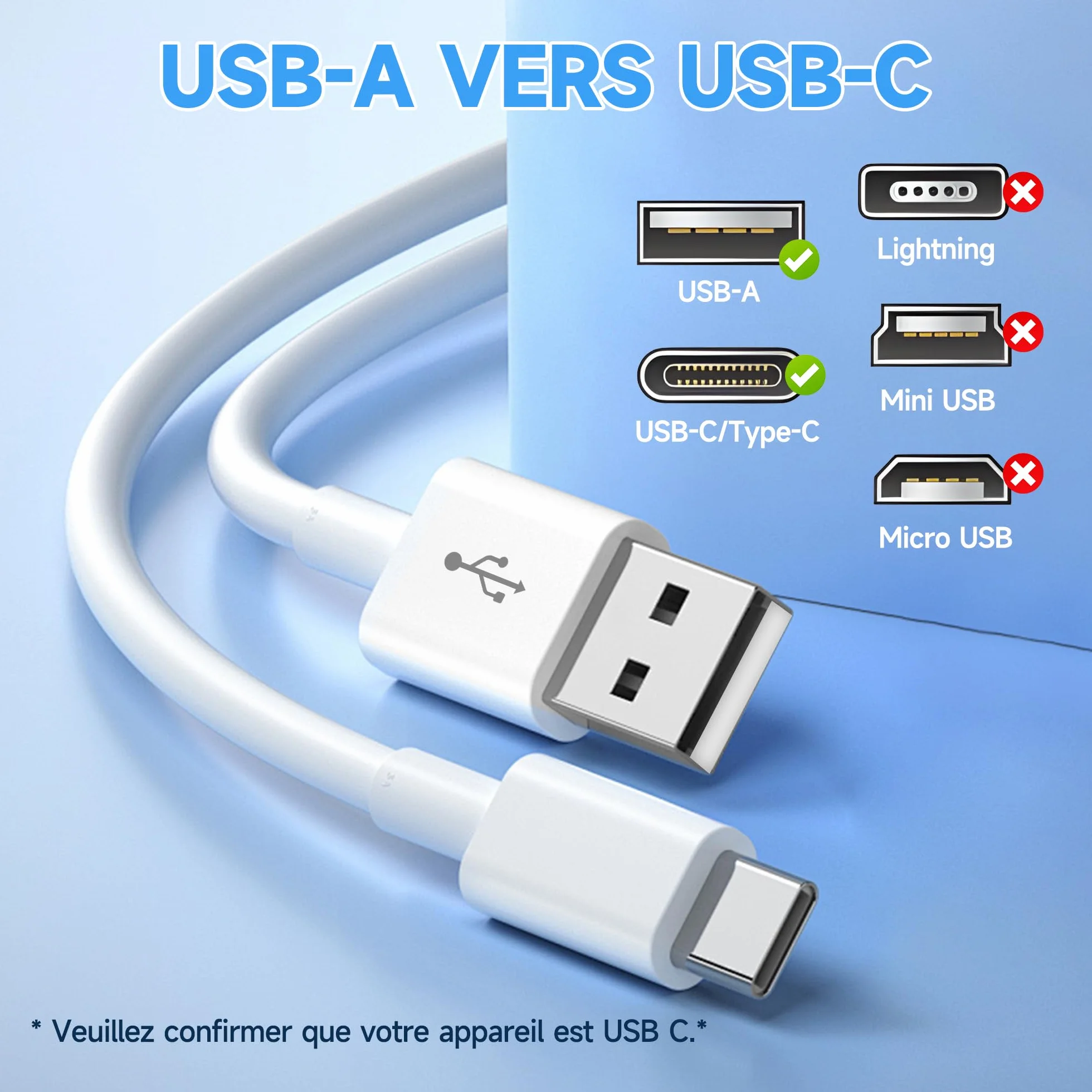 Câble d'extension d'alimentation USB-C 5M, rallonge USB A vers USB C pour caméras de sécurité