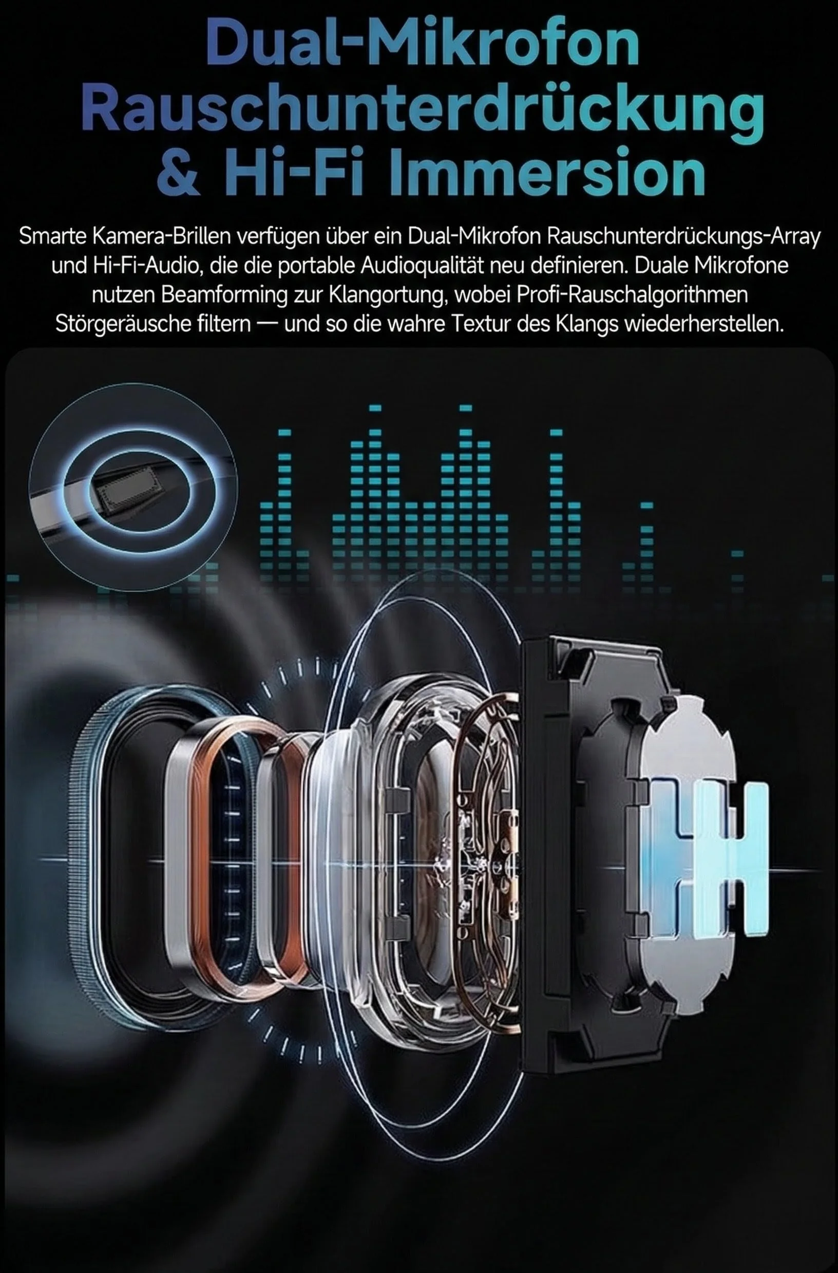 Lunettes intelligentes avec KI & Bluetooth, assistant vocal ChatGPT, protection UV, Wi-Fi, traduction en temps réel en 89 langues, caméra 2K, audio ouvert, étanchéité IP65, identification des objets
