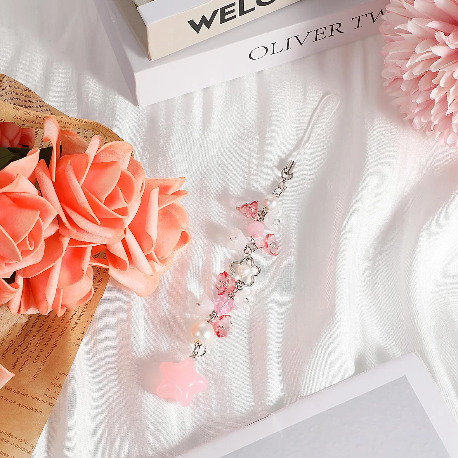 Mabor Pendentif téléphone portable rose fleurs étoiles Y2K dragonne porte-clés