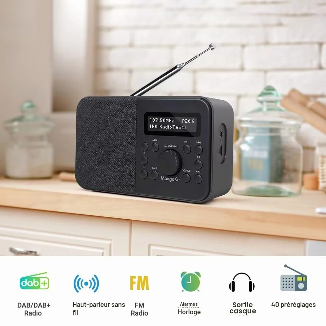 Radio Numérique DAB Portable FM Bluetooth avec Écran, Réveil, 40 Stations Préréglées - Noir