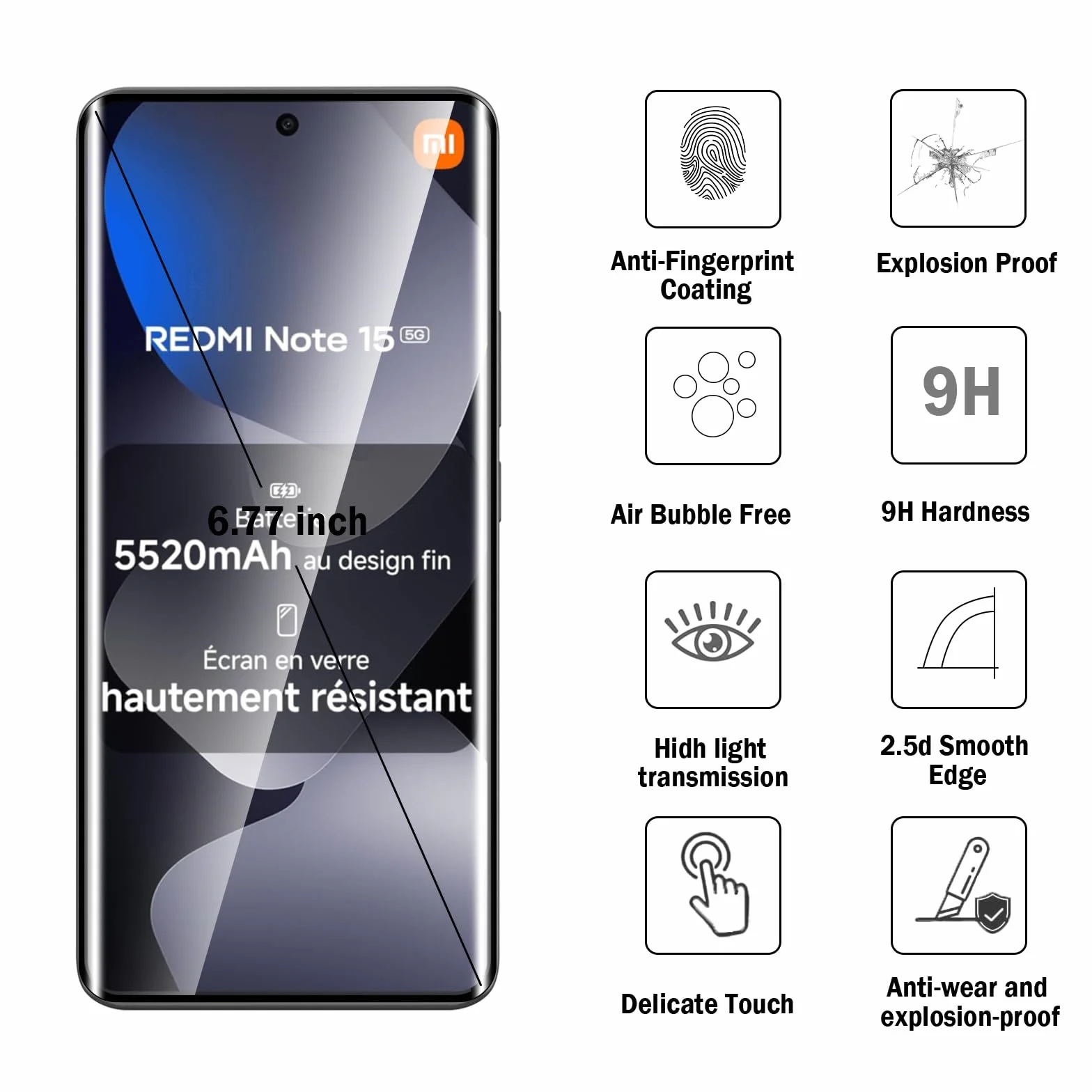 3D Verre Trempé pour Xiaomi Redmi Note 15 5G, 2+2 Pièces Protection d'écran avec Caméra Arrière Protecteur Sans Bulles Anti-Rayures HD Transparent Facile à Installer