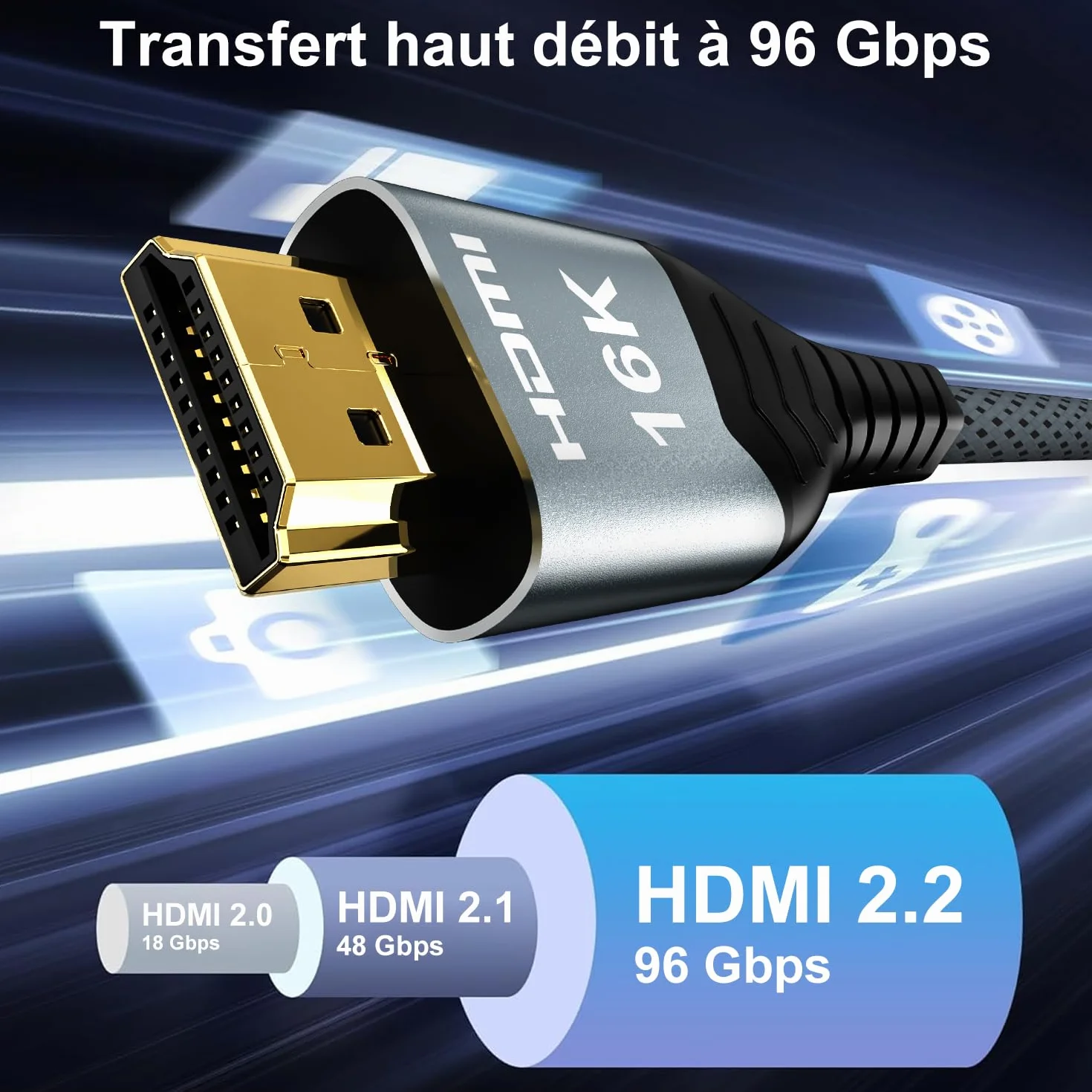 Câble HDMI 2.2 2m – 96Gbps Ultra Rapide Cable HDMI– Supporte 16K 60Hz, 8K 240Hz, 4K 480Hz – eARC, Dolby Vision & Atmos – Idéal pour PS5, Blu-ray, Projecteur, 4K/8K TV