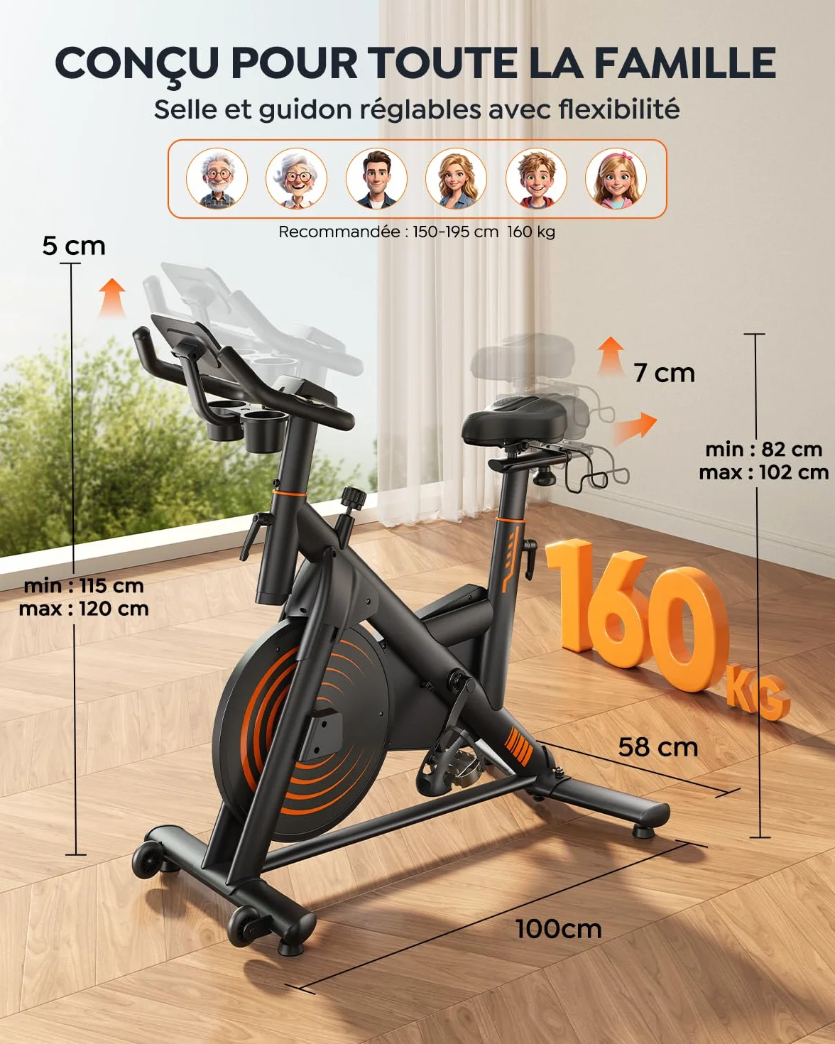 Vélo d'Appartement Connecté APP Ultra-Silencieux, Résistance Magnétique, Volant d'Inertie 15 KG, Capacité 160KG, Écran LCD Fréquence Cardiaque