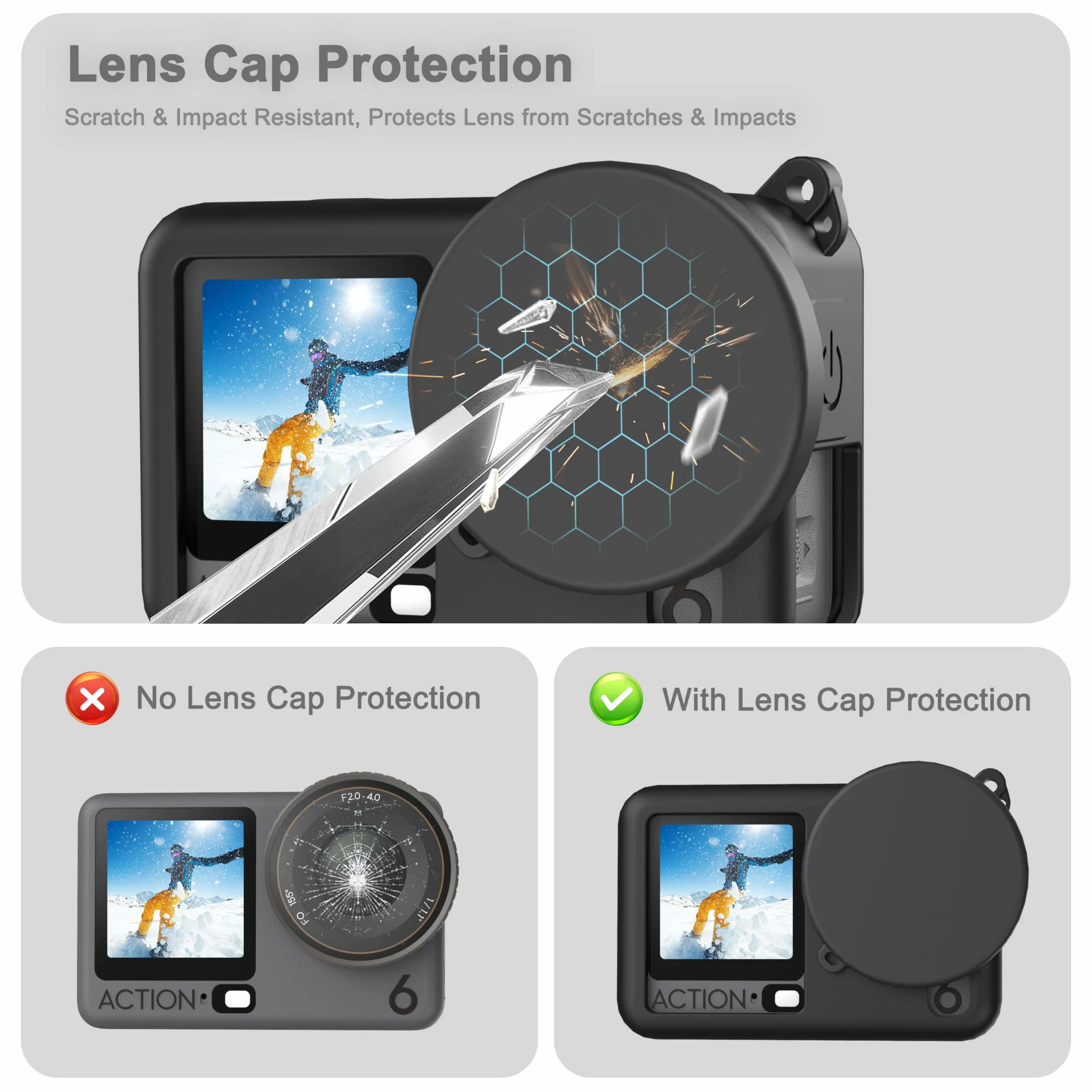 Étui en caoutchouc silicone + 3 protecteurs d'écran en verre trempé pour DJI Osmo Action 6