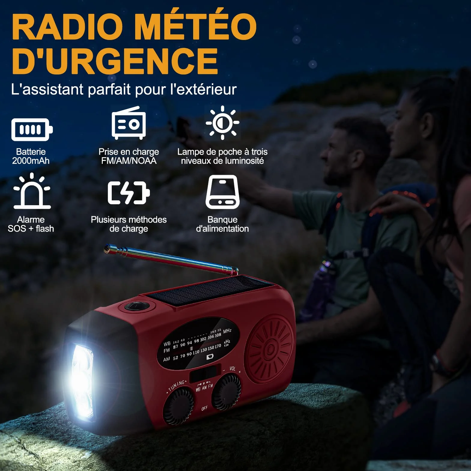 Radio Solaire Portable d'Urgence Météo 2000mAh Manivelle AM/FM/NOAA Dynamo IPX3 Charge Téléphone Lampe LED Alarme SOS Câble USB Randonnée Camping Rouge