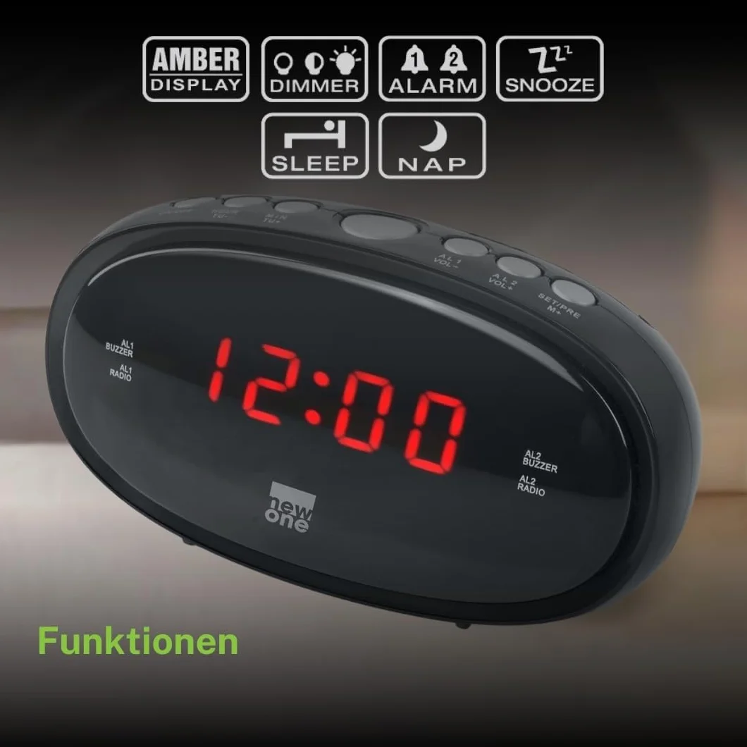New One CR-100 Radio-Réveil avec Grand Écran LED | Double Alarme, Fonction Répétition, Radio FM, Luminosité Réglable, Alimentation Secteur + Sauvegarde Piles