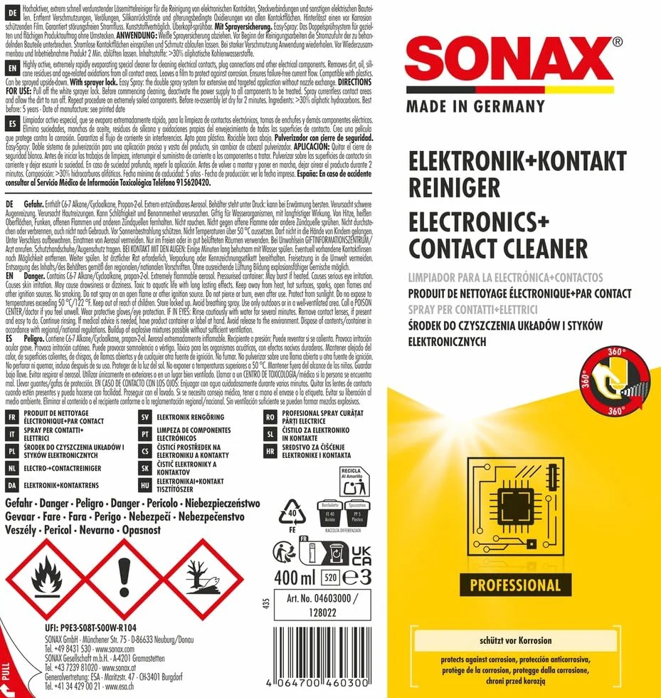 SONAX Produit de nettoyage pour contacts Électroniques (400 ml) nettoyant rapide pour connecteurs et composants électriques | Réf: 04603000