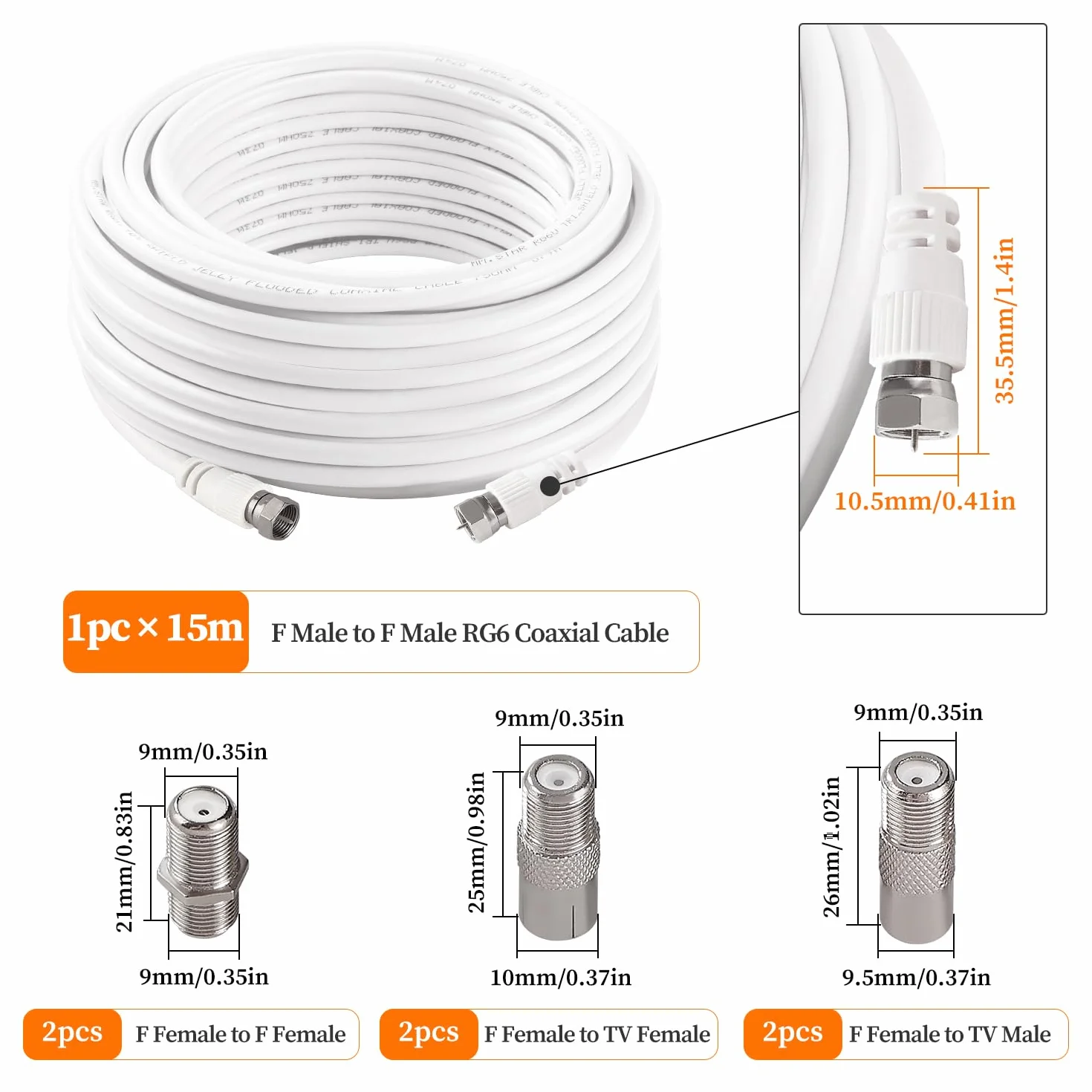 Câble Coaxial RG6 15m 75 Ohm F Mâle vers F Mâle Haut Débit Antenne TV avec 6 Coupleurs