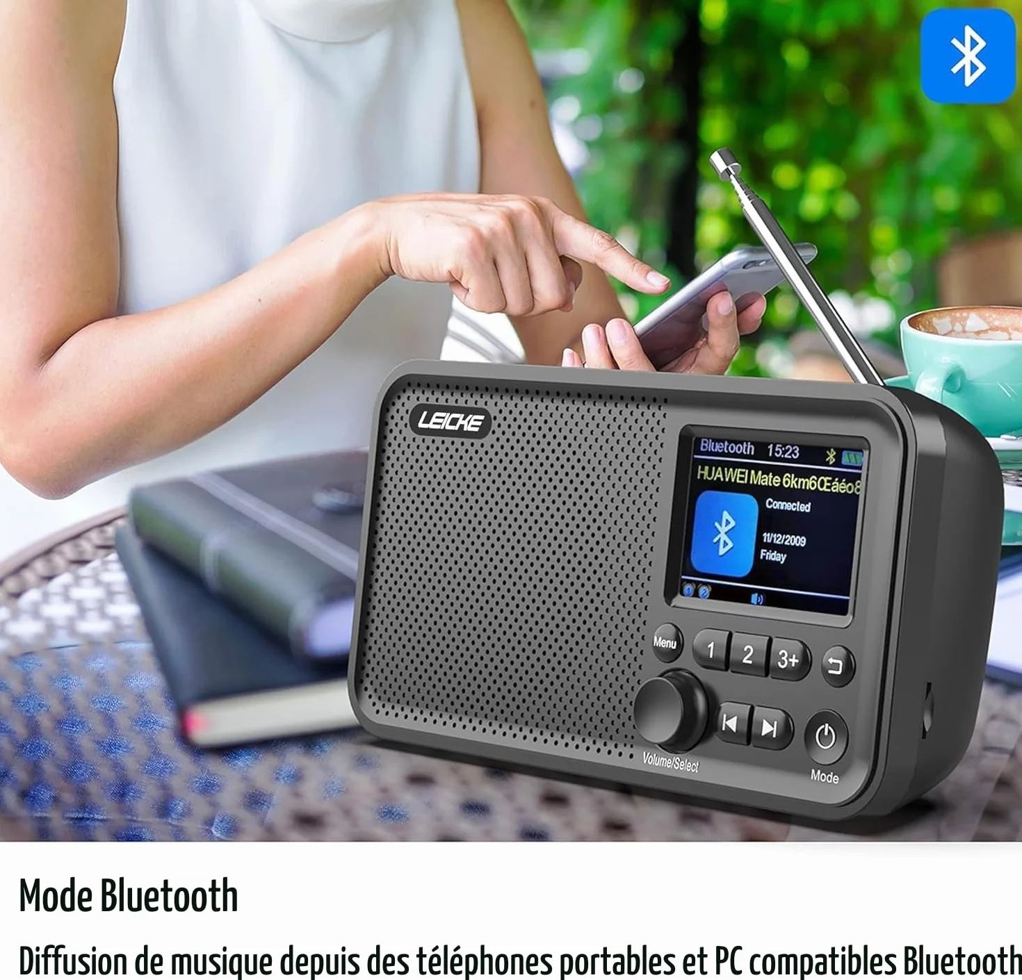 LEICKE Radio Portable avec Bluetooth 5.0 | Radio Dab/Dab+ et FM, écran Couleur 2,4", 80 préréglages, Radio de Cuisine avec câble ou Batterie de 2000mAh, Connexion MicroSD/TF/AUX, Fonctions d'alarme