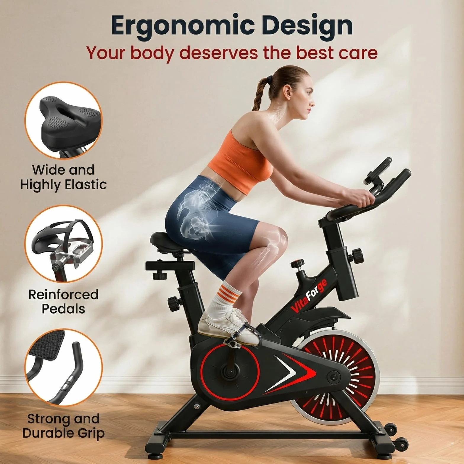 Exercise Bike, Quiet Indoor Fitness Bike with Adjustable Magnetic Resistance, Black/Red