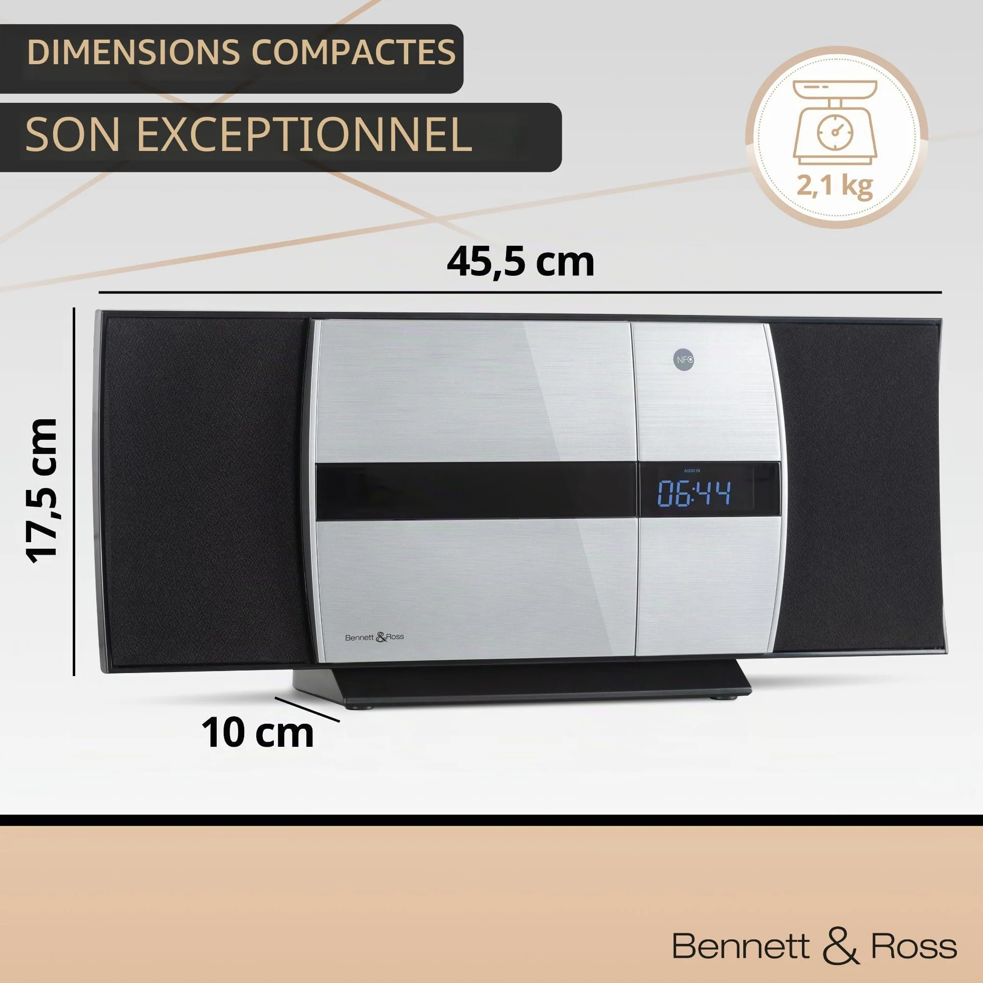 Bennett & Ross Ålesund Microchaîne hi-fi avec lecteur CD, MP3, UKW, USB, Bluetooth NFC - Installation murale ou sur pied - Argenté