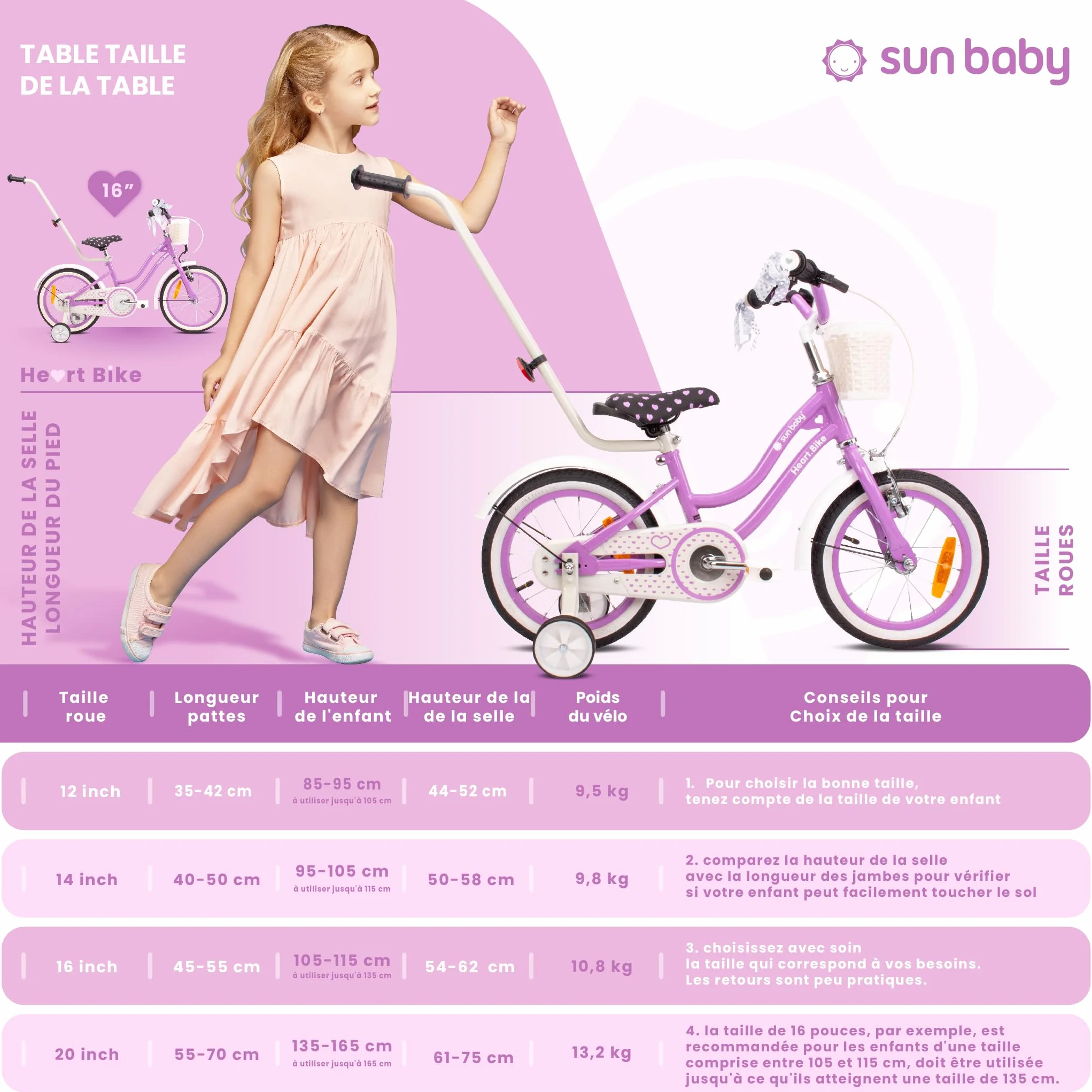 Vélo Enfant Fille 12/14/16 Pouces Sun Baby Heart avec Roulettes Stabilisatrices et Barre de Poussée