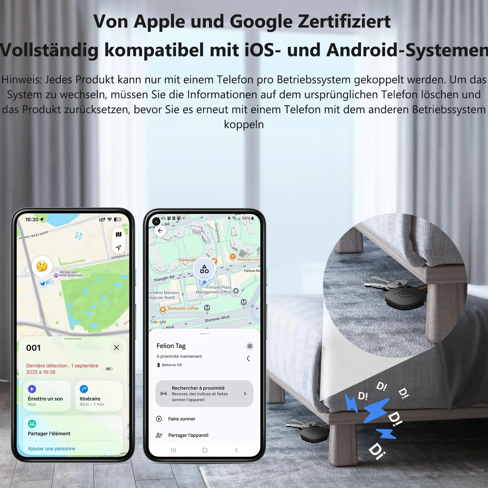 VOCOlinc Android Smart Tag Lot de 4 Double Système, Air-tag Traceur Fonctionne avec l’app Localiser Apple et Google, Tracker Localisateurs D’Objets pour Valise/Clés/Sacs/Bagages, Batterie Remplaçable