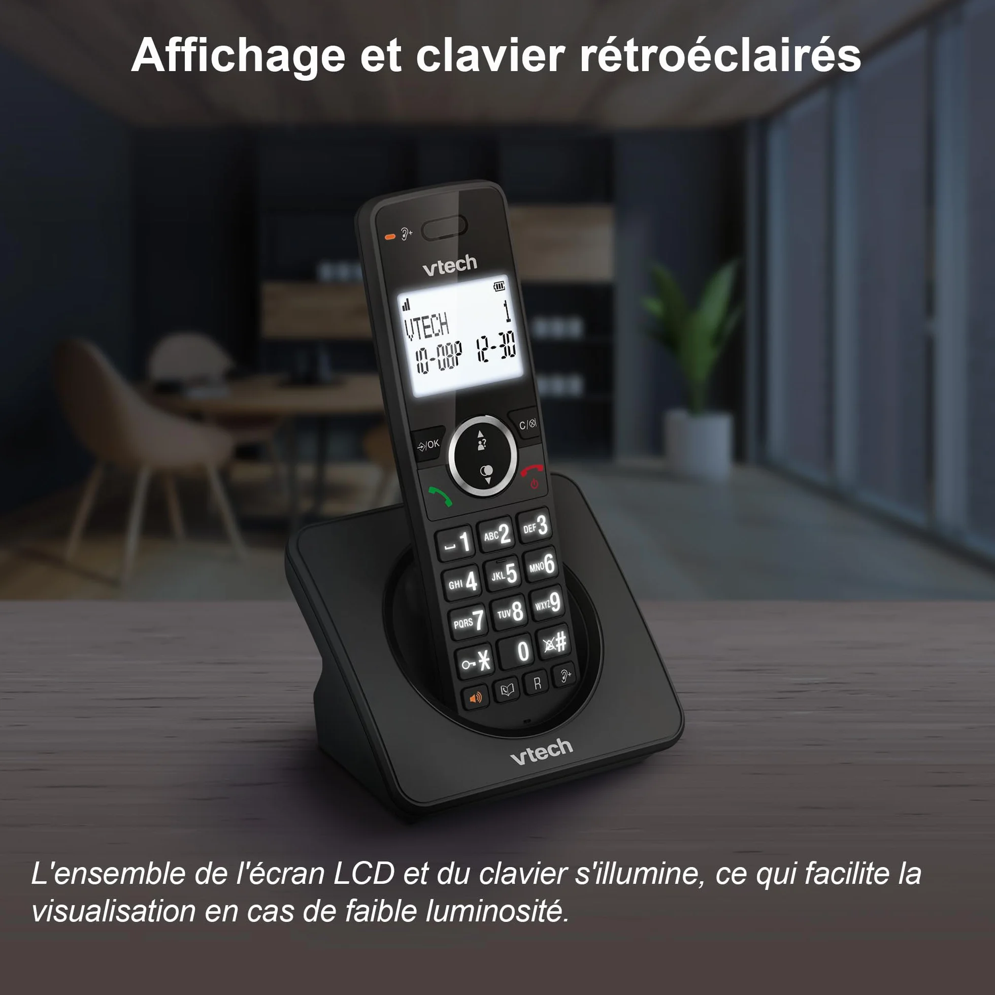 VTech ES2000 Téléphone sans Fil DECT avec Blocage d'appel, contrôle du Volume, Identification de l'appelant/Appel en Attente, 18 Heures d'autonomie, numérotation Rapide, Noir
