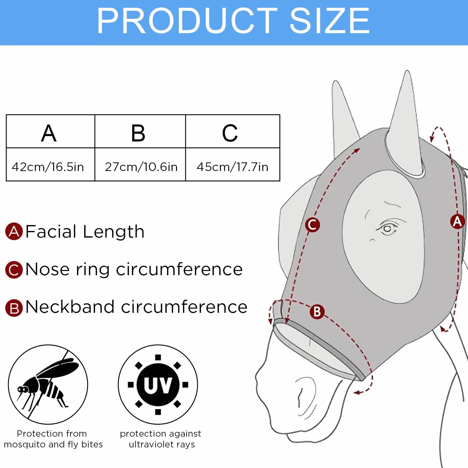 Masque Anti Mouche Cheval Protection UV élastique (Bleu)