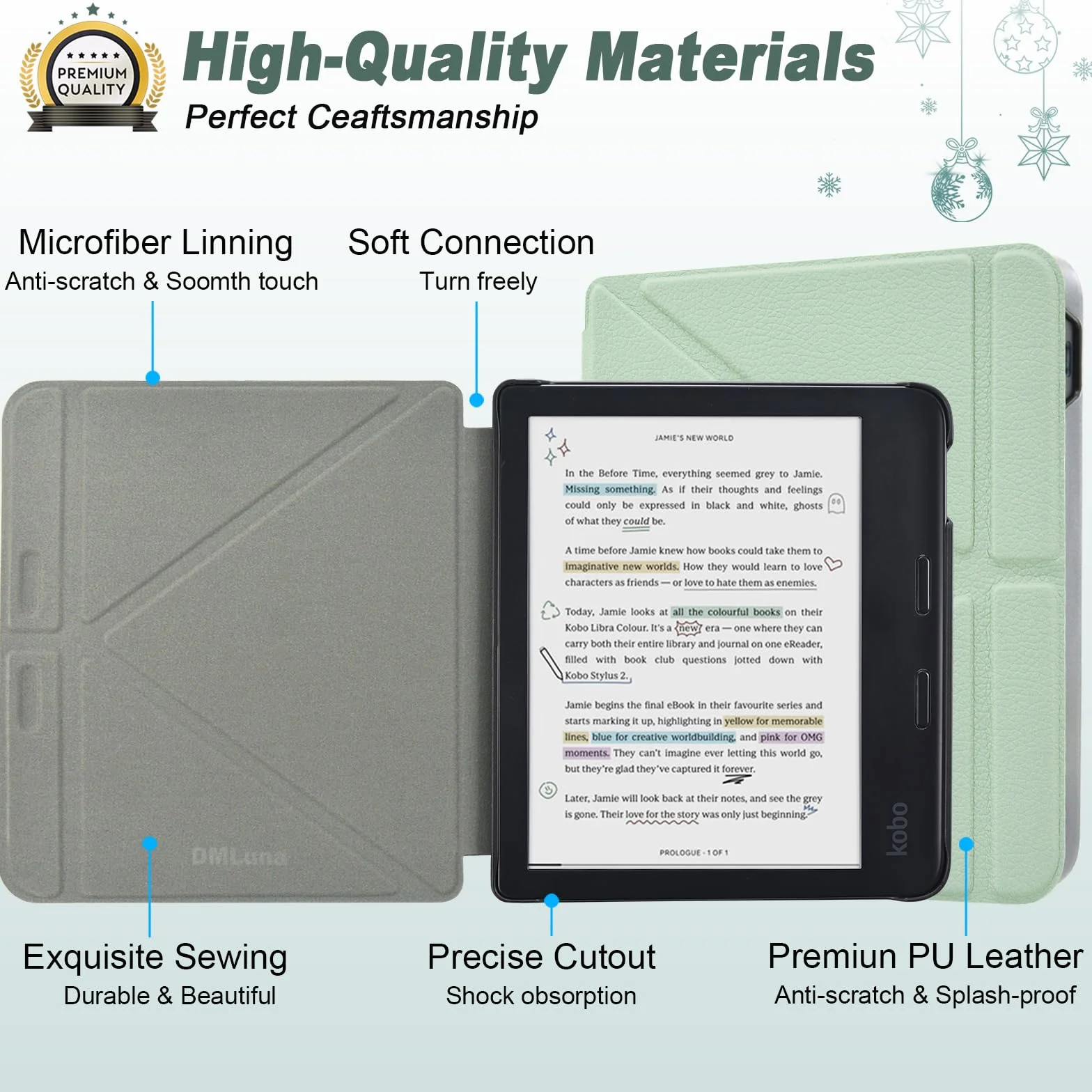 DMLuna Étui pour Kobo Libra Colour 7" (Modèle N428 2024) - Coque légère en Cuir PU de qualité supérieure avec Support Auto Sleep/Wake, Agave Green