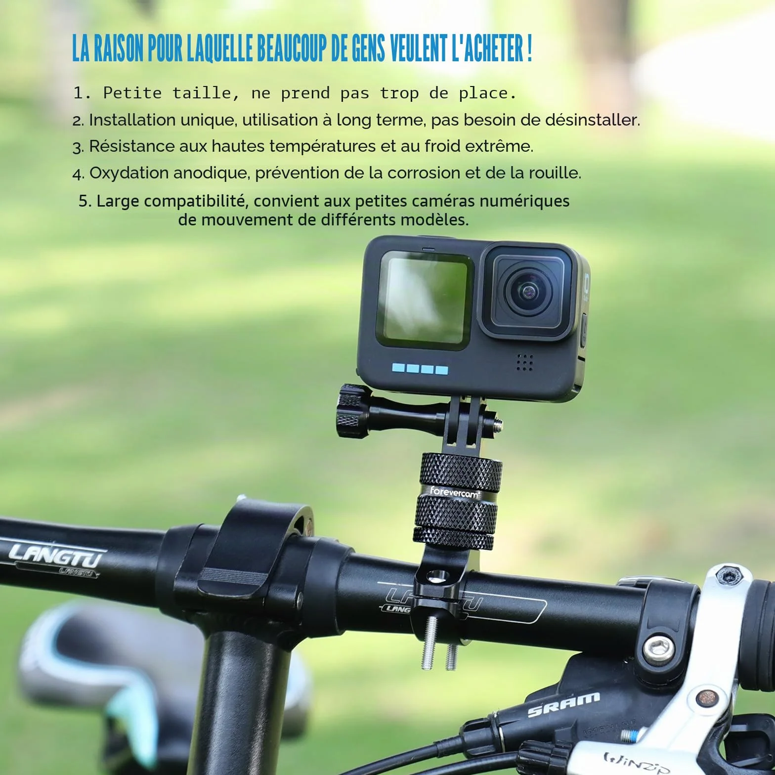 Forevercam-Support de caméra d’action en alliage d’aluminium pour guidon de vélo, rotation à 360 degrés, compatible avec diverses caméras