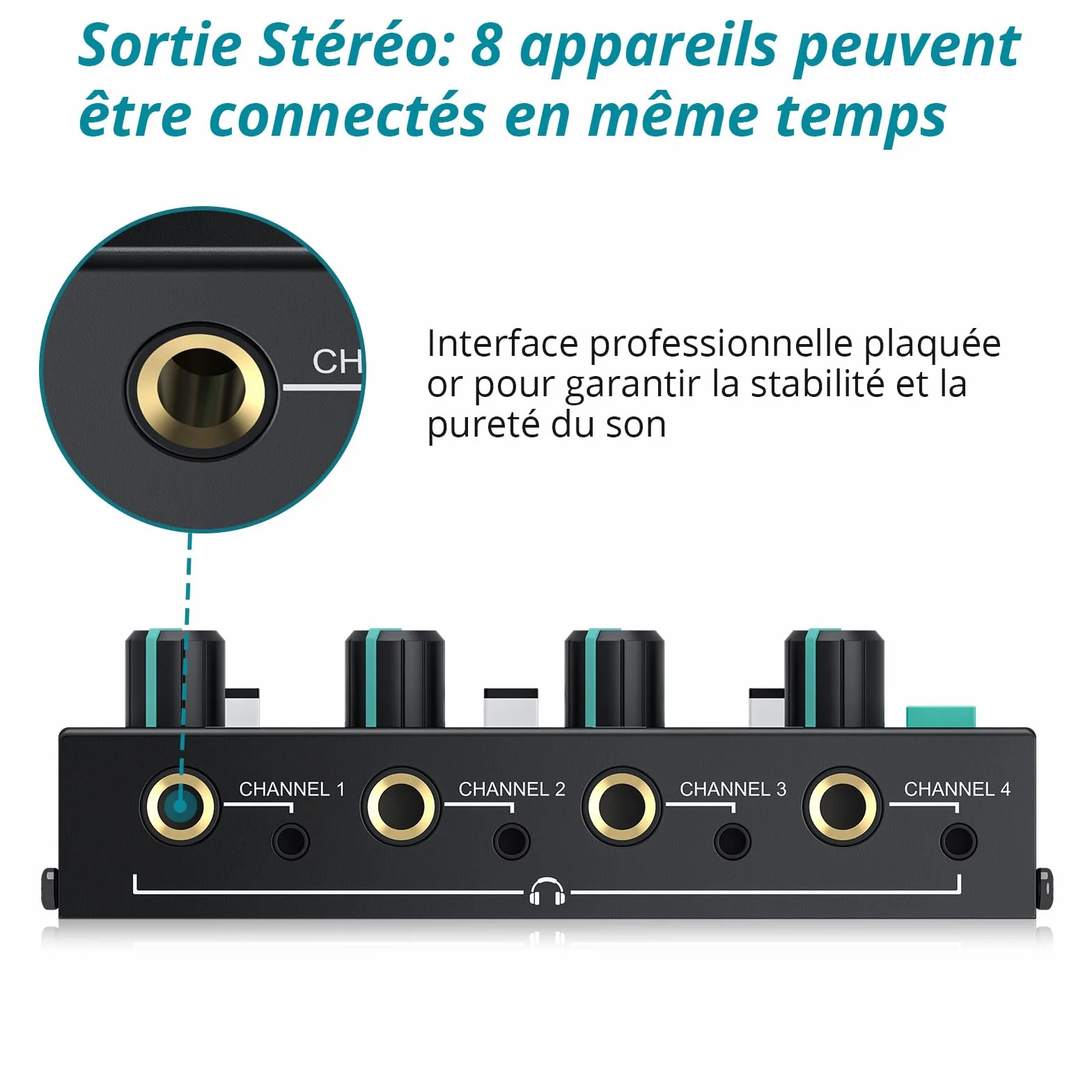 Amplificateur de Casque, Mono/Stéréo 4 Canaux Amplificateur Audio Professionnel, Séparateur de Casque Volume Indépendantes TRS 3,5 mm / 6,35 mm pour Scène Clavier de Guitare Basse