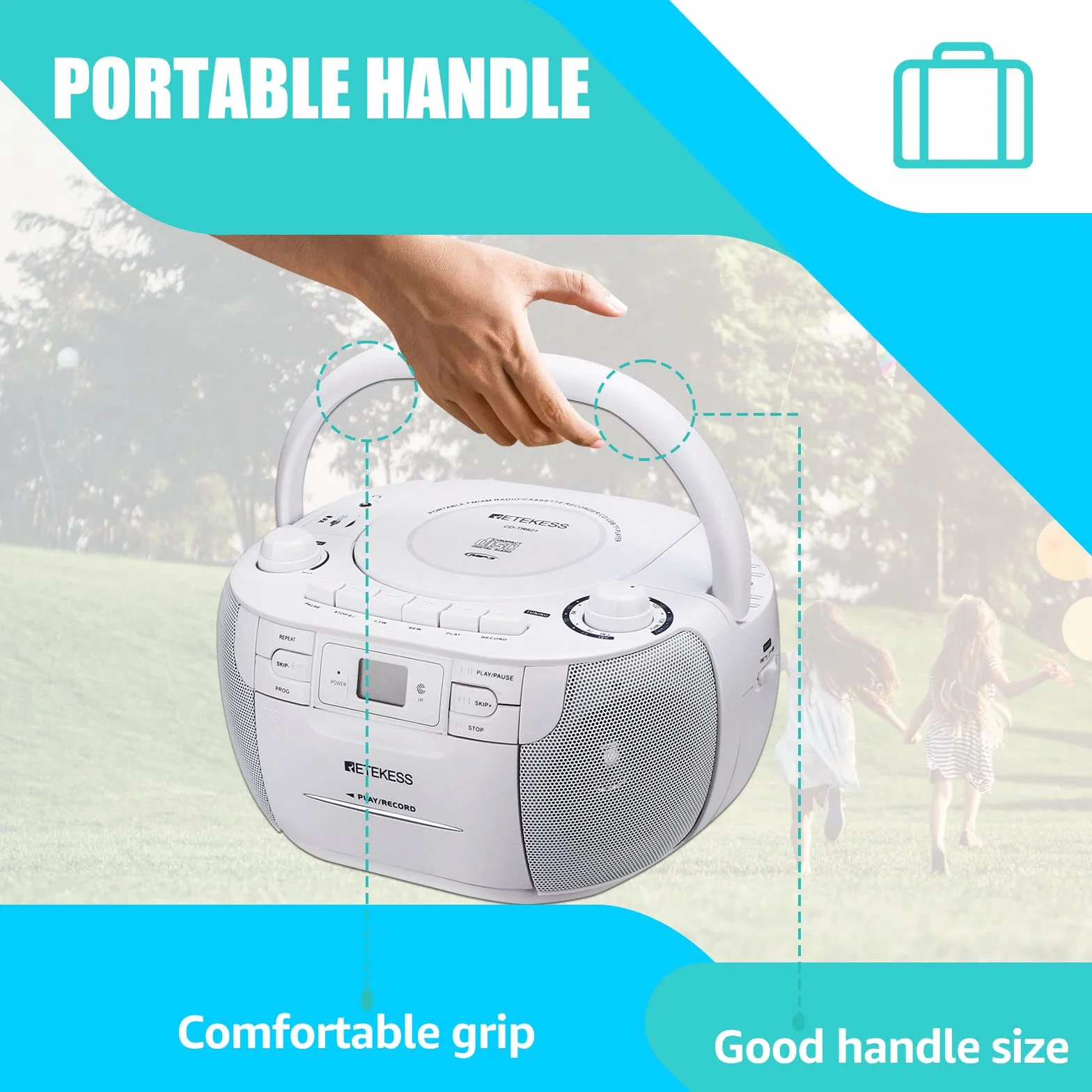 Retekess TR621 Poste Radio CD Lecteur Cassette Audio Boombox Stereo Enregistrement Télécommande USB TF Casque Radio Portable Blanc