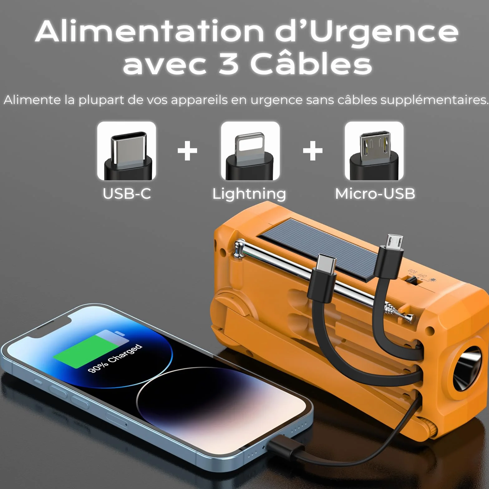PRUNUS J-366 Radio Portable d'Urgence à Manivelle avec Batterie Rechargeable 2000mAh, Alarme SOS, Lampe de Poche, USB-C, Solaire