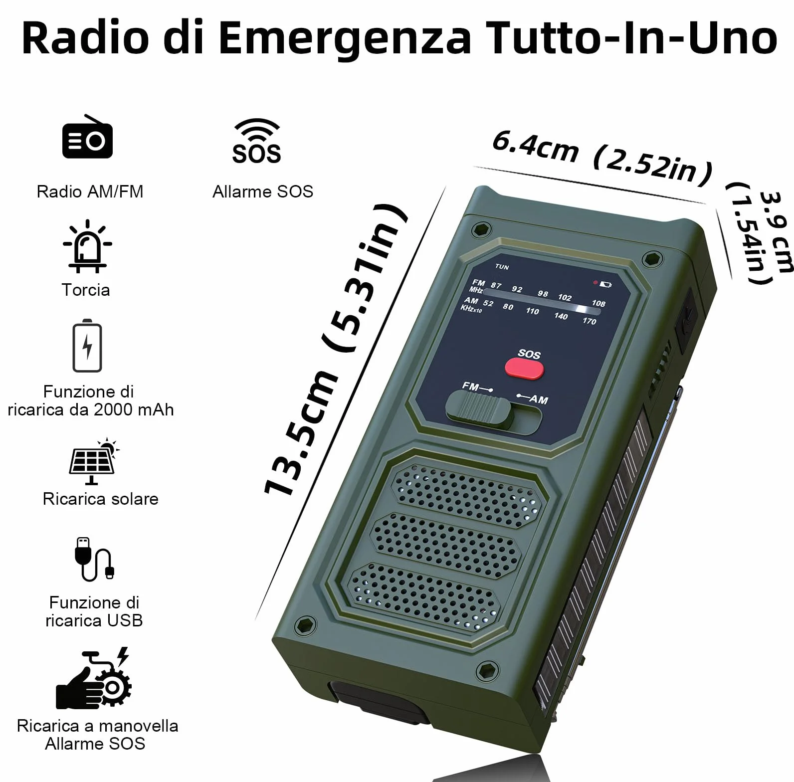 Radio Solaire d'Urgence AM/FM avec Lampe Torche LED, Alarme SOS, Recharge USB/Solaire/Manivelle, Batterie 2000mAh, Vert