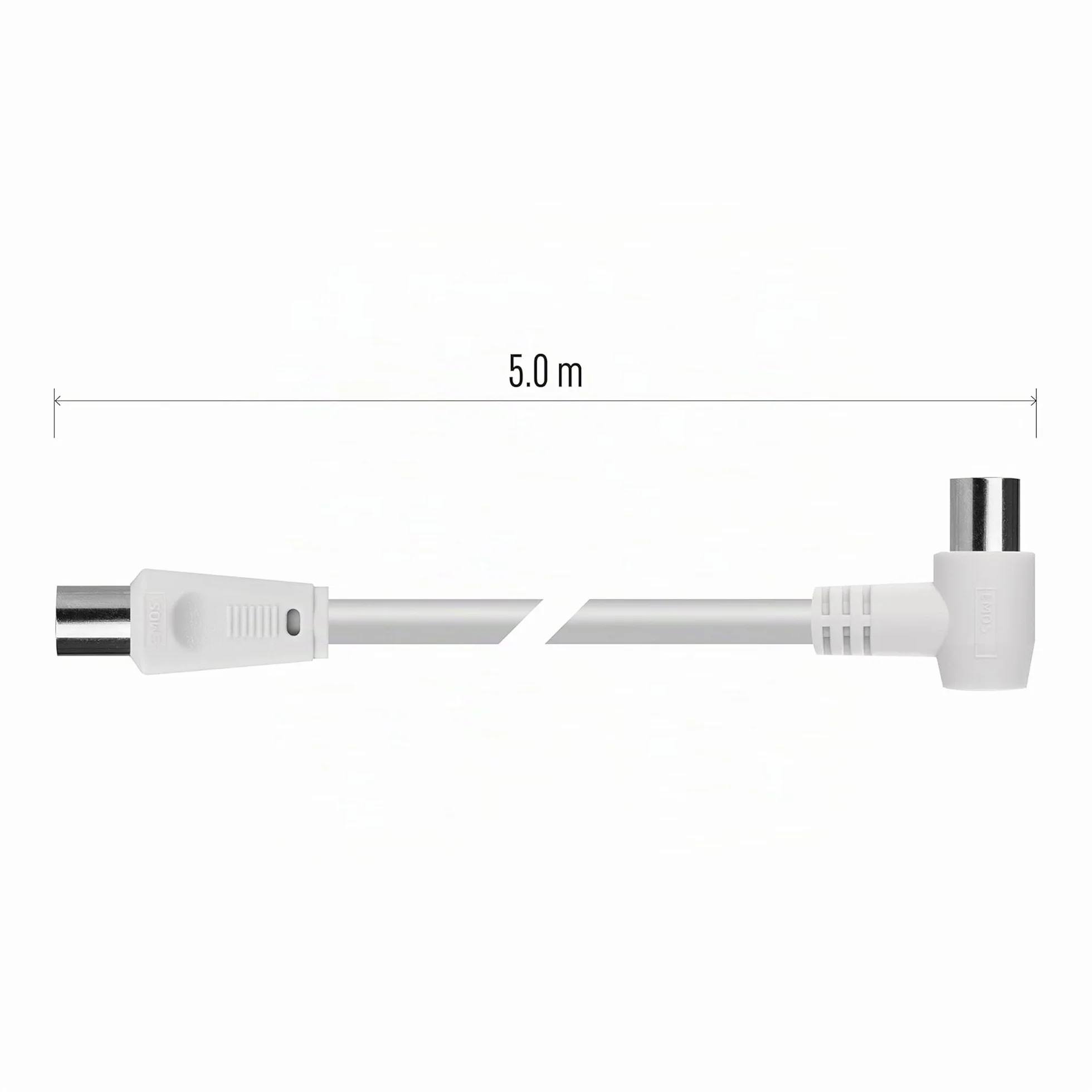 EMOS Câble d'antenne, câble coaxial, câble TV, 5 m, câble coaxial pour TV numérique, récepteur, SAT, double blindage, coaxial, droit mâle vers femelle coaxiale coudée (90 °)