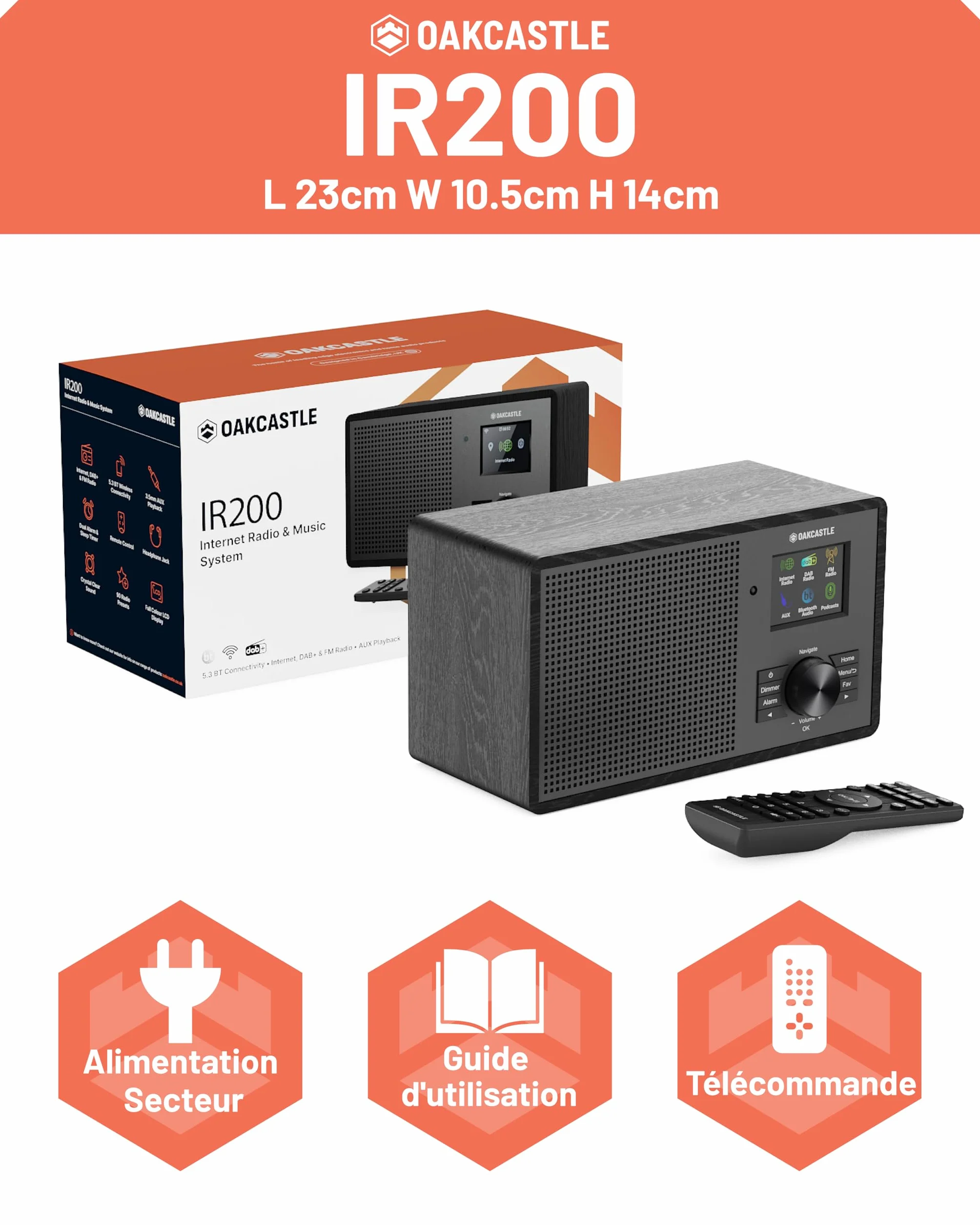 OAKCASTLE IR200 Radio Internet WiFi DAB+ FM Bluetooth 5.3 avec 90+ Préréglages et Télécommande