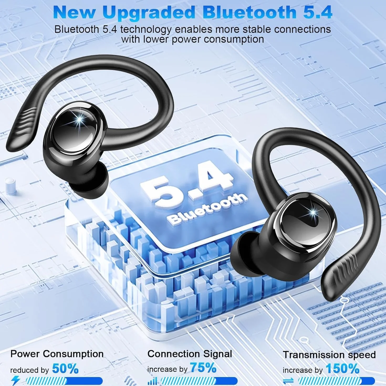 Ecouteurs Bluetooth sans Fil Sport, Écouteur Bluetooth 5.4 avec 4 ENC Mic, 60+Hrs Ecouteurs sans Fil HiFi Stéréo, IP7 Étanche Oreillette Bluetooth Running, USB-C Charge Rapide, Casque Écran LED 2026