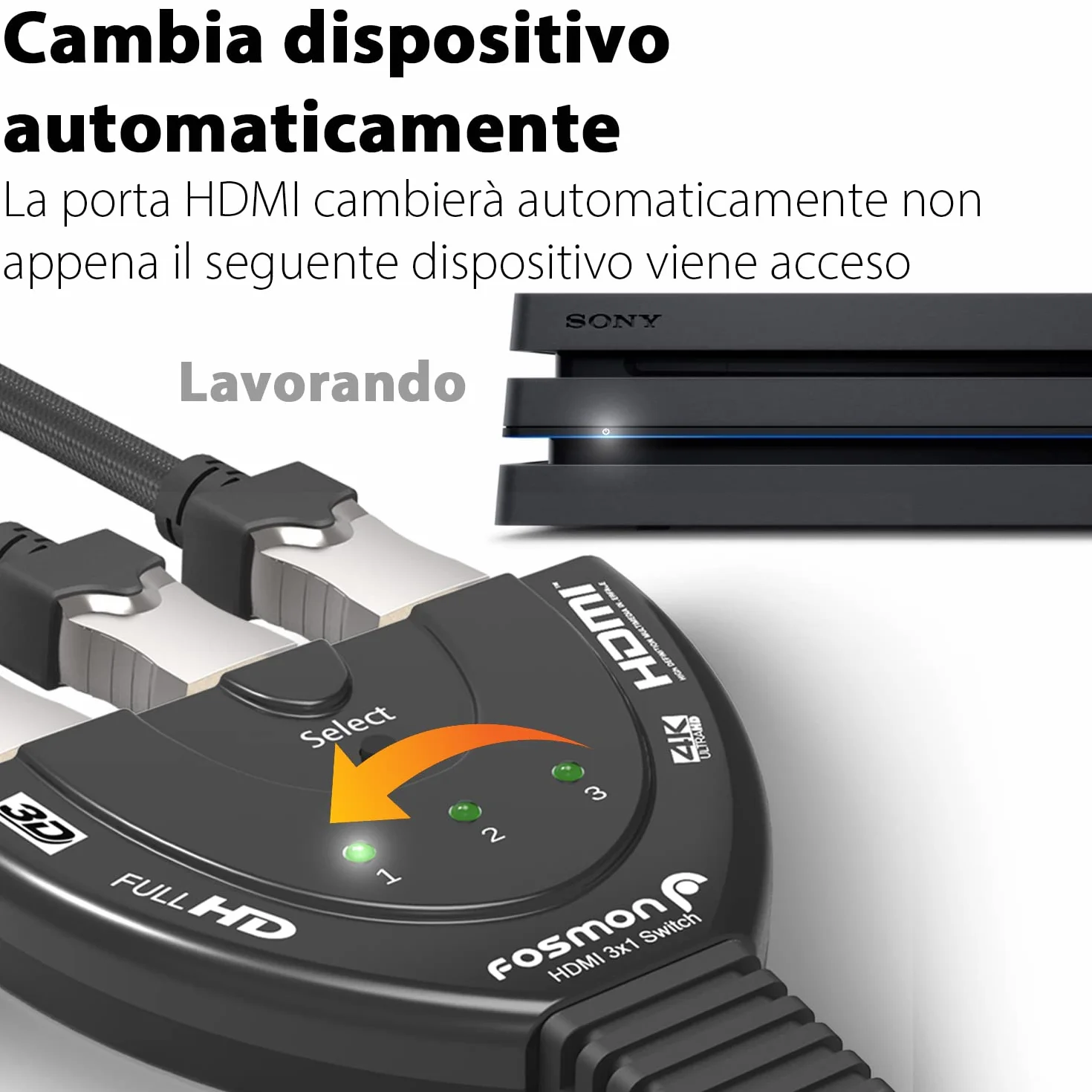 Fosmon Commutateur HDMI Automatiques 4k, 3 Entrées 1 Sortie HDMI Switch - UHD HDR 3D 1080p HDCP, Splitter Switcher Répartiteur Sélecteur Auto pour HDTV Lecteurs DVD Blu ray PS4 Xbox Apple Fire Roku